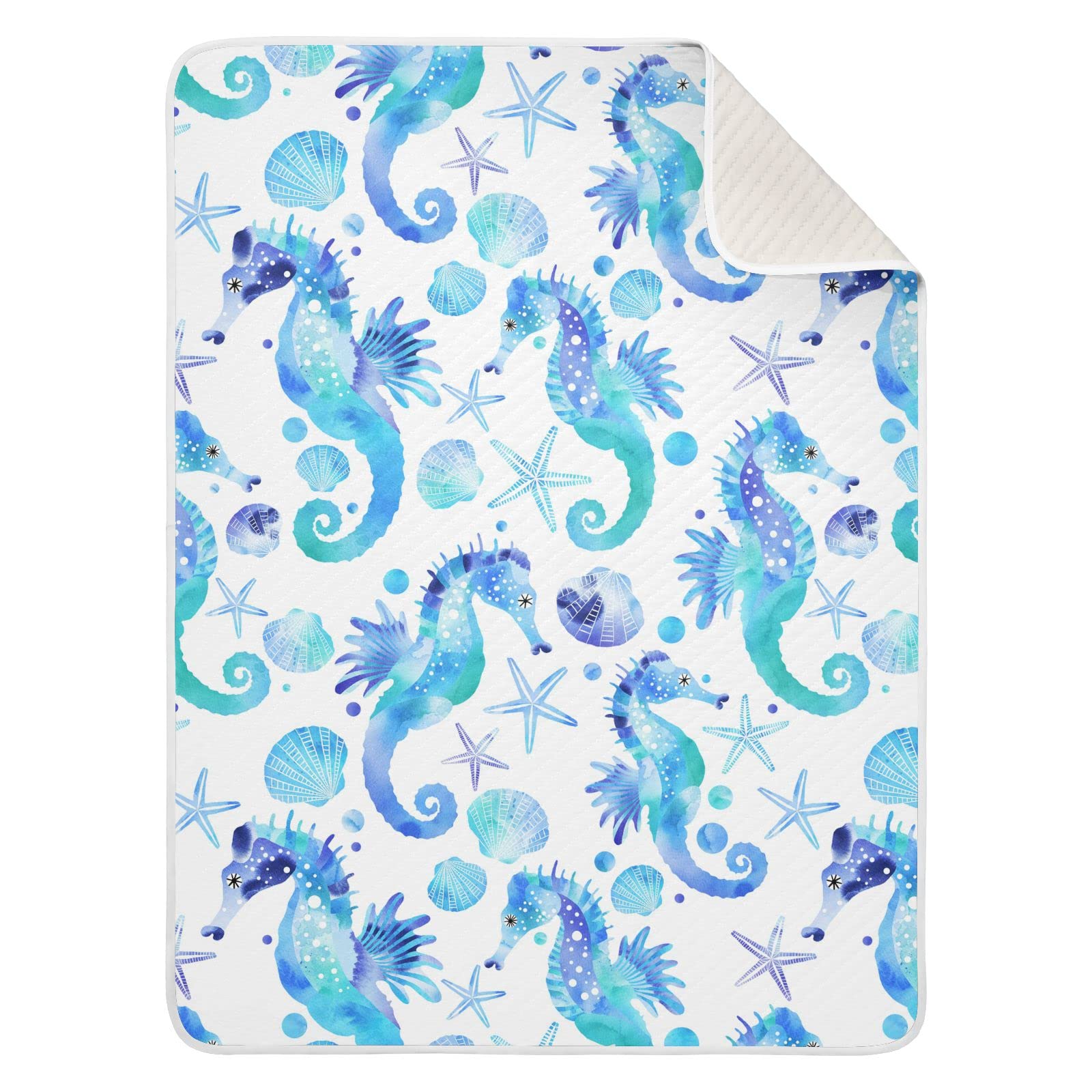 **Soft Watercolor Seahorse & Starfish Baby Blanket - Ultra Lightweight & Warm Toddler Blanket for Boys & Girls - Crib, Stroller, Nursery, Travel Blanket - Perfect for Newborns & Adults (Unisex)**    *(Ideal for cozy naps, stroller outings, nursery decor, and travel comfort!)*
