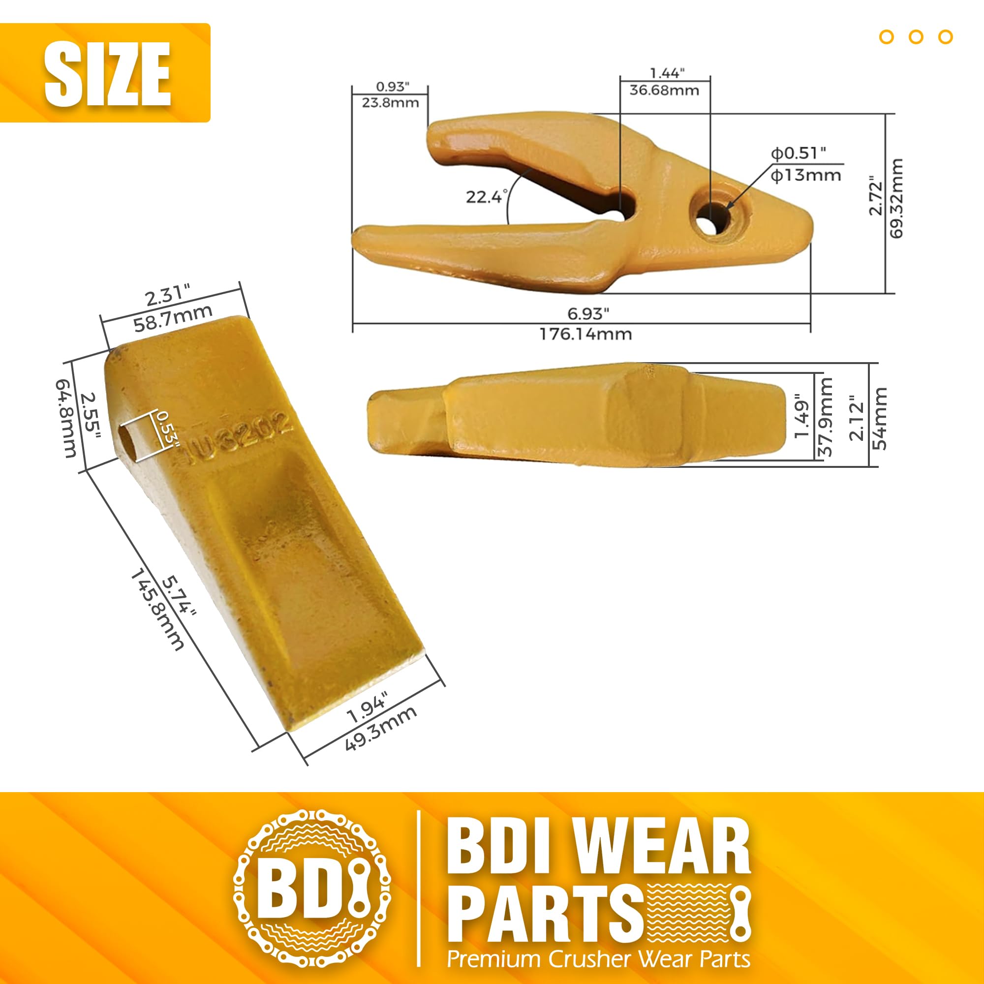 BDI Wear Parts Assembly Adapter 119-3204 Bolt-On Shank & 1U3202 Excavator Bucket Teeth with Pins 8E6208 & Retainers 8E6209 - J200 Series Bucket Tooth Kit (5-Pack) for Heavy-Duty Digging and Construction Equipment