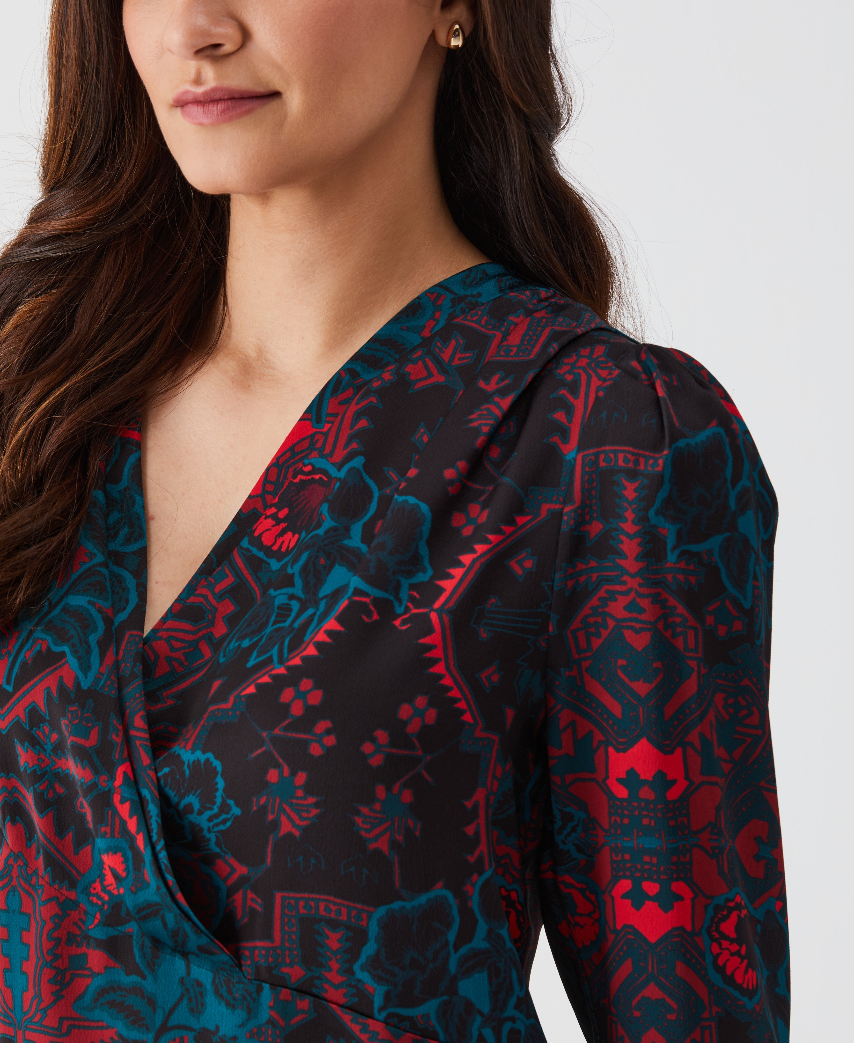 Petite Grand Tapestry Print Cross Front Blouse for Women - Elegant Floral V-Neck Top for Casual Wear, Office & Date Night Outfits