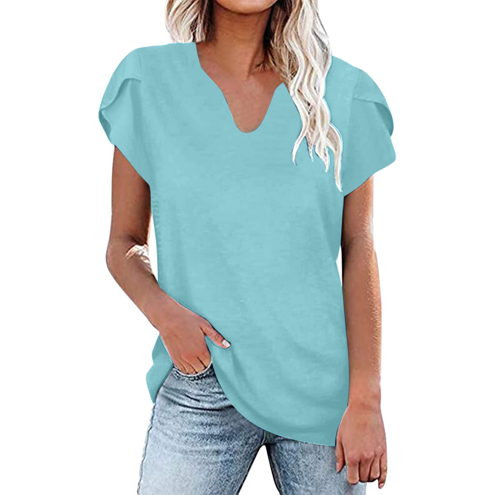 Women's Summer Tops - Petal Sleeve V-Neck Casual Shirts, Loose Fit Short Sleeve Basic Tees for Everyday Wear | Perfect for Beach, Office & Weekend Outings