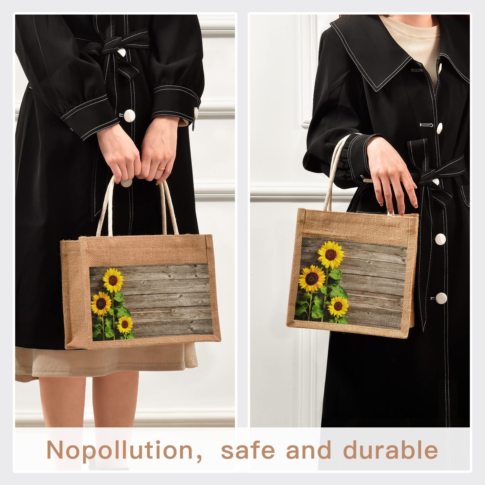 Eco-Friendly Sunflower Jute Tote Bag with Zipper & Handles - Reusable Canvas Grocery Shopping Bag with Front Pocket - 10x10 Inch Burlap Beach Tote for Women | Perfect for Farmers Market, Picnic & Travel Accessories