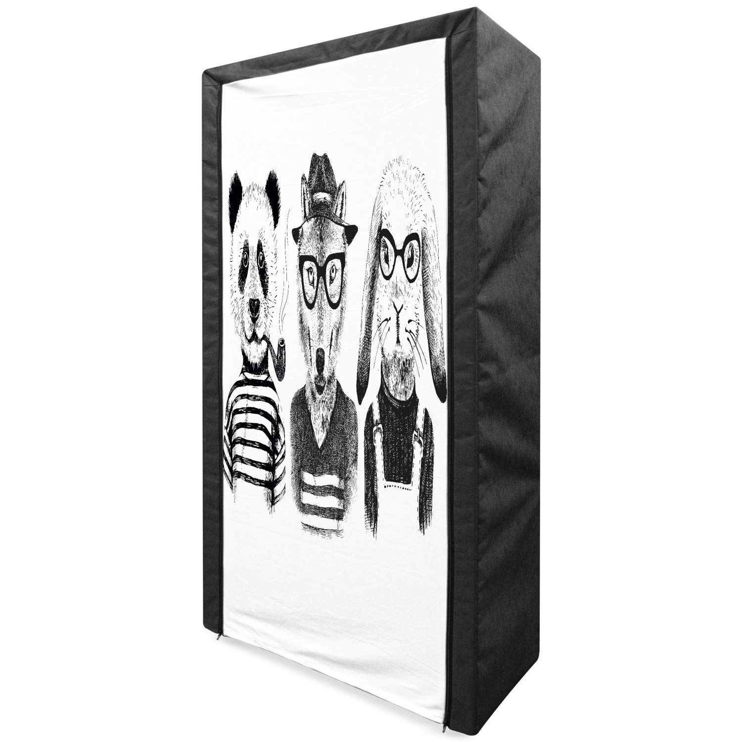 Ambesonne Animal Portable Fabric Wardrobe - Hipster Panda Bear, Fox & Rabbit Illustration Clothing Organizer with Shelves, 33.5 Inch, Black Grey White - Perfect for Bedroom, Closet & Dorm Storage Solutions