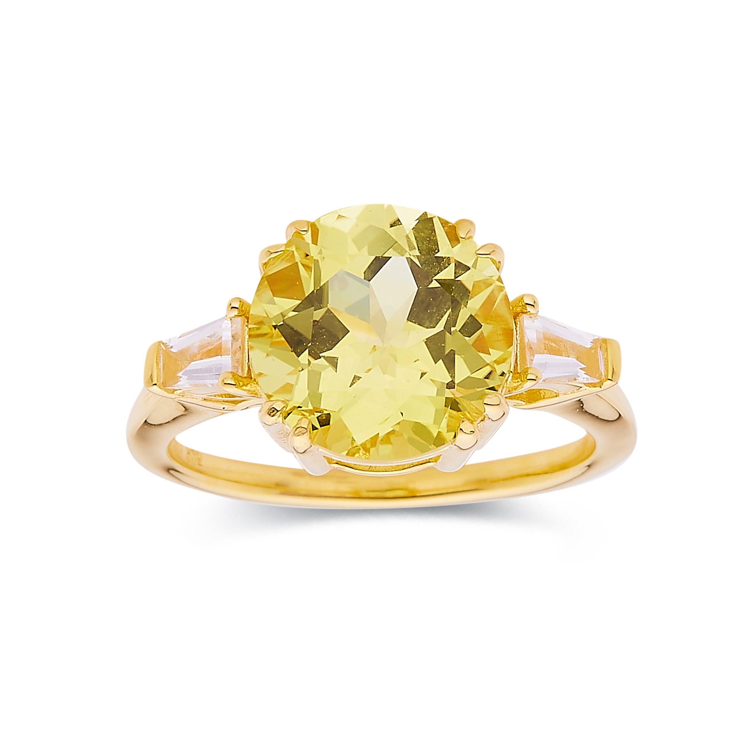 Yellow Sapphire Round Three Stone Statement Ring - Elegant 14K Gold Wedding Band for Women | Perfect for Engagement, Anniversary & Special Occasions