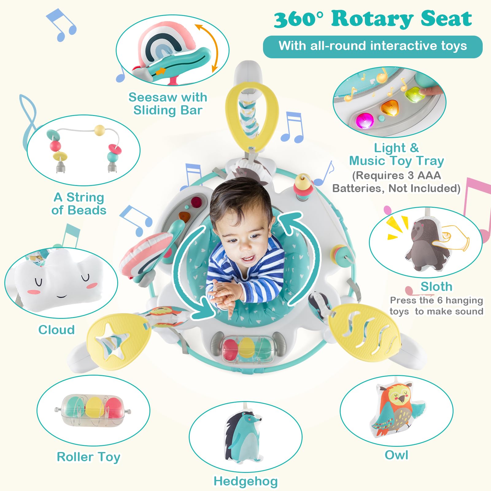HONEY JOY Baby Bouncer Activity Center - 360° Rotating Jumper Seat with Music, Lights & Developmental Toys for Infants 6+ Months | 3 Height Adjustments, Removable Play Mat | Perfect for Playtime, Learning & Indoor Entertainment (Blue)