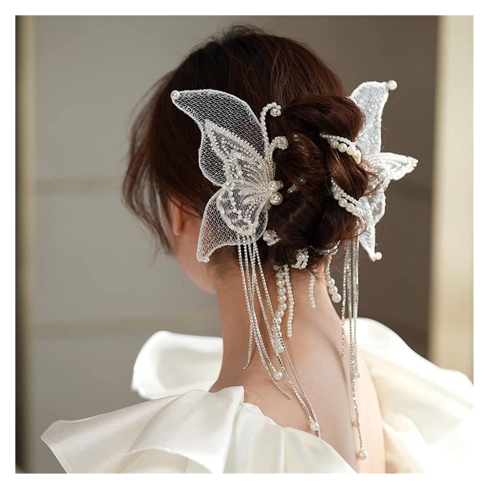 YANHAO Large Mesh Butterfly Hair Clips - Elegant Pearl Beaded Tassel Hairpins for Women, Sweet Side Duckbill Barrettes for Wedding, Party & Special Occasions | Perfect Bridal Accessories & Everyday Hair Styling
