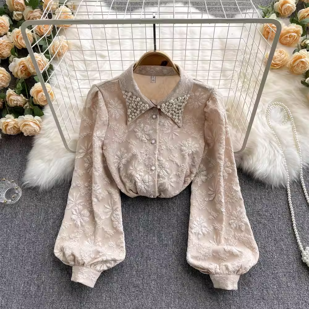 French Retro Beaded Polo Collar Shirt - Loose Puff Sleeve Blouse for Women - Vintage Inspired Casual & Party Tops - Perfect for Date Night, Office Wear and Summer Outfits