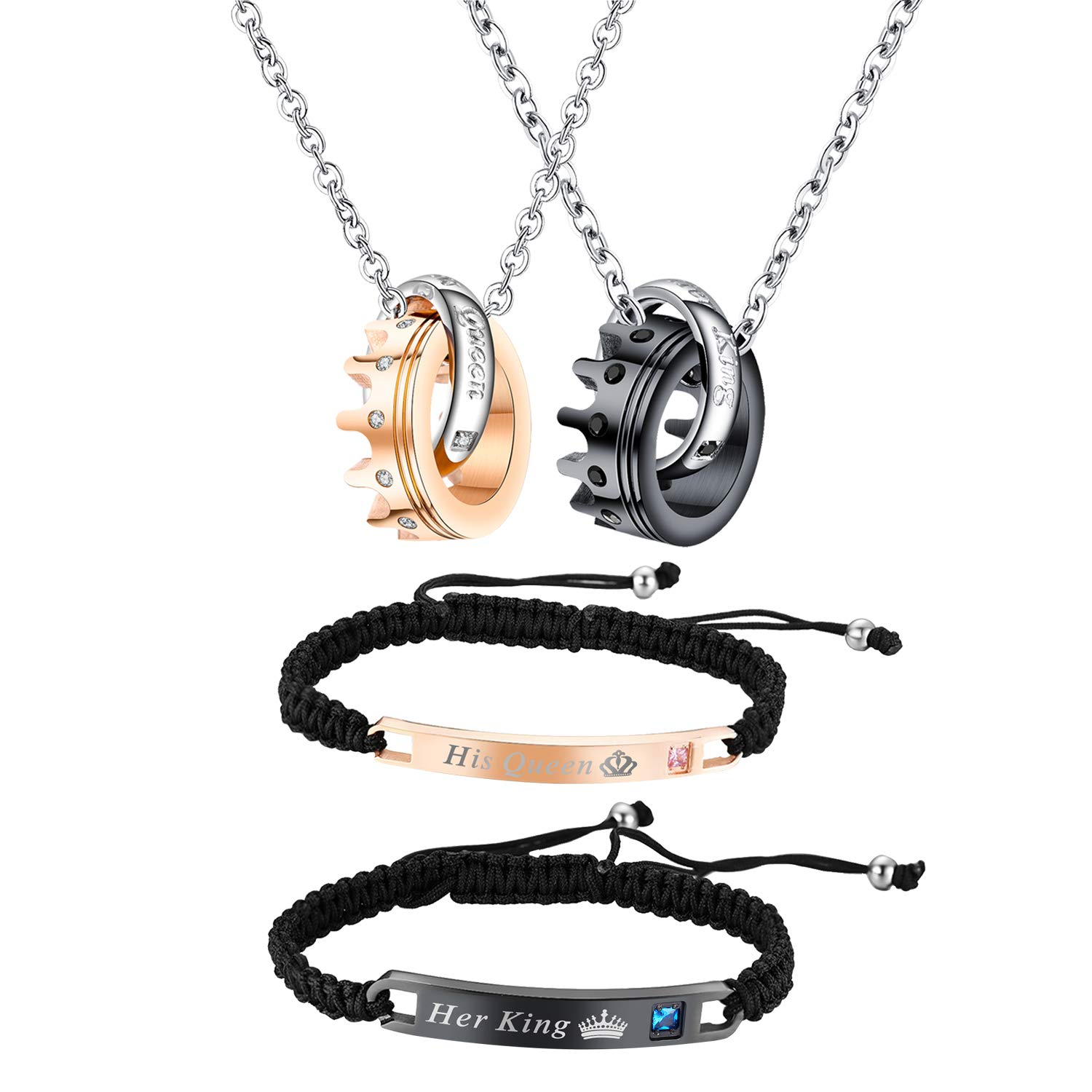 OIDEA Stainless Steel His Queen and Her King Matching Couples Jewelry Sets - Crown Bracelets & Necklace for Christmas, Valentine's Day, Anniversary Gifts - Elegant Gift Box Included - Perfect for Romantic Dates, Proposals, and Wedding Accessories