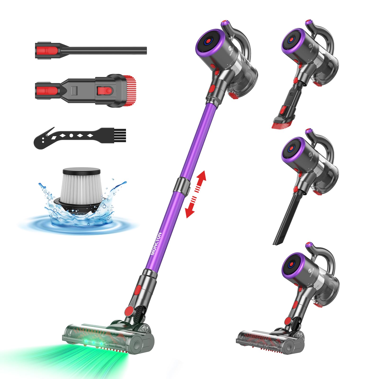 MONCTONS Cordless Stick Vacuum Cleaner - 28Kpa Powerful Suction, Brushless Motor, 8-in-1 Lightweight Design, 45 Min Runtime with Detachable Battery - Ideal for Carpets, Hard Floors & Pet Hair (Purple) | Perfect for Home Cleaning, Car Interiors & Pet Owners