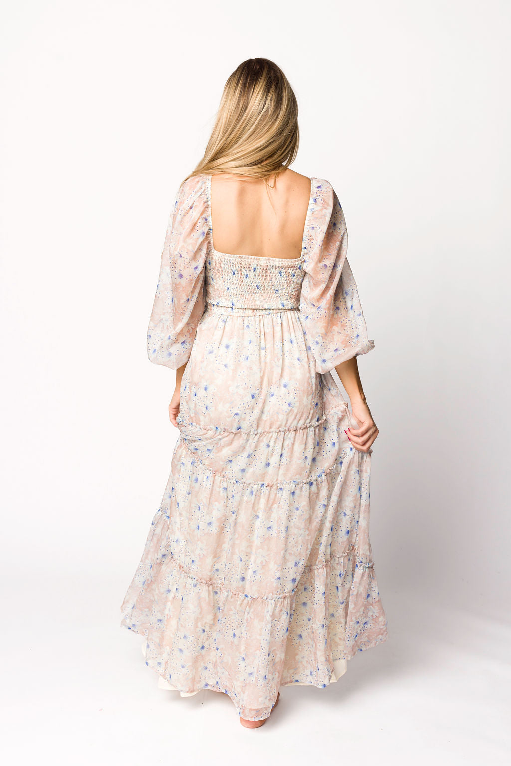 Elegant Daphne Long Sleeve Maxi Dress - Floral Beige/Blue Maternity & Plus Size (XS-3XL) | Perfect for Pregnancy, Nursing & Special Occasions