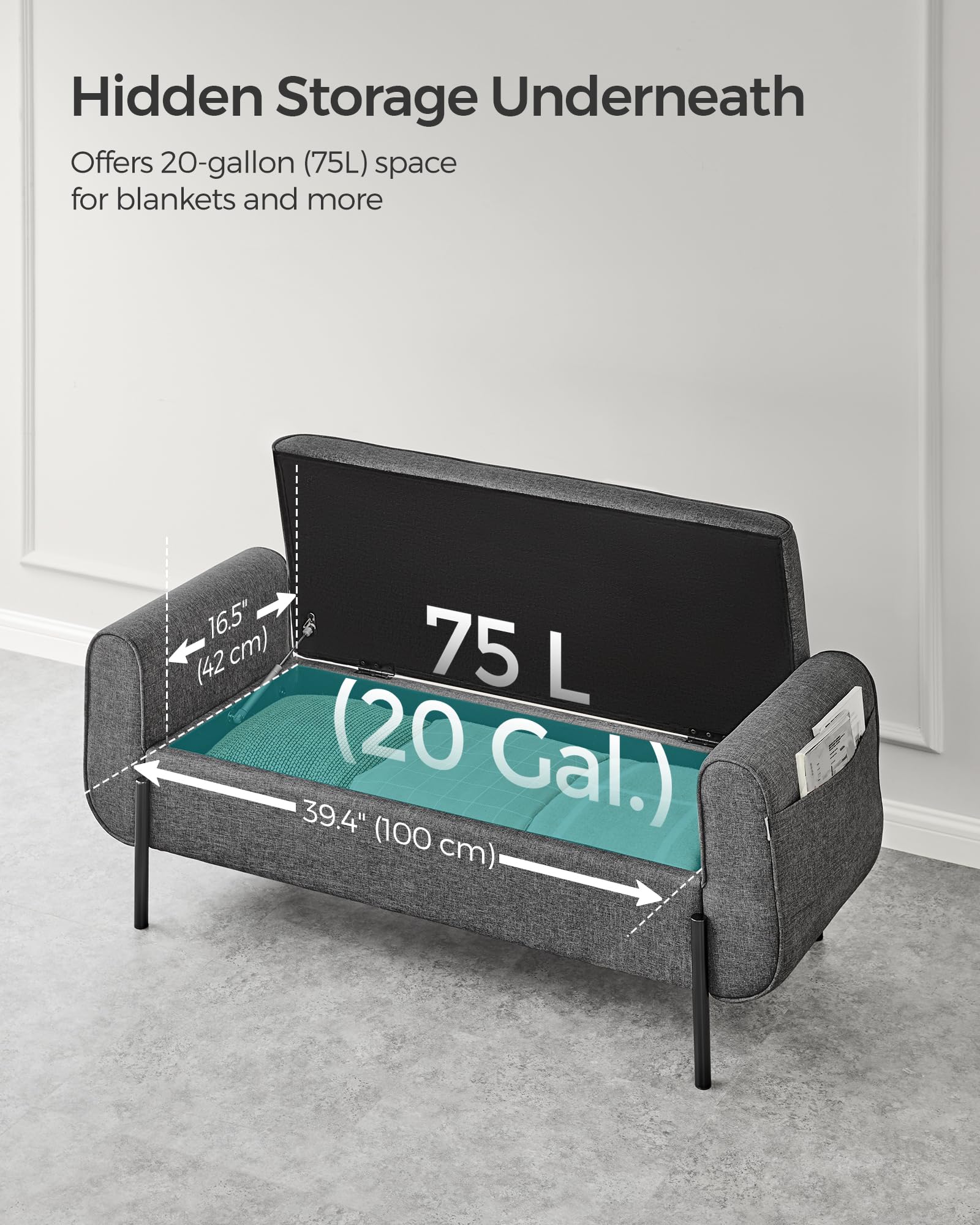 SONGMICS Storage Bench with Armrests, Dark Gray Ottoman with Hidden Storage Compartment, Sturdy Steel Legs - Perfect for Living Room, Bedroom, Entryway & Hallway Organization | Multi-Functional Seat & Storage Solution for Small Spaces