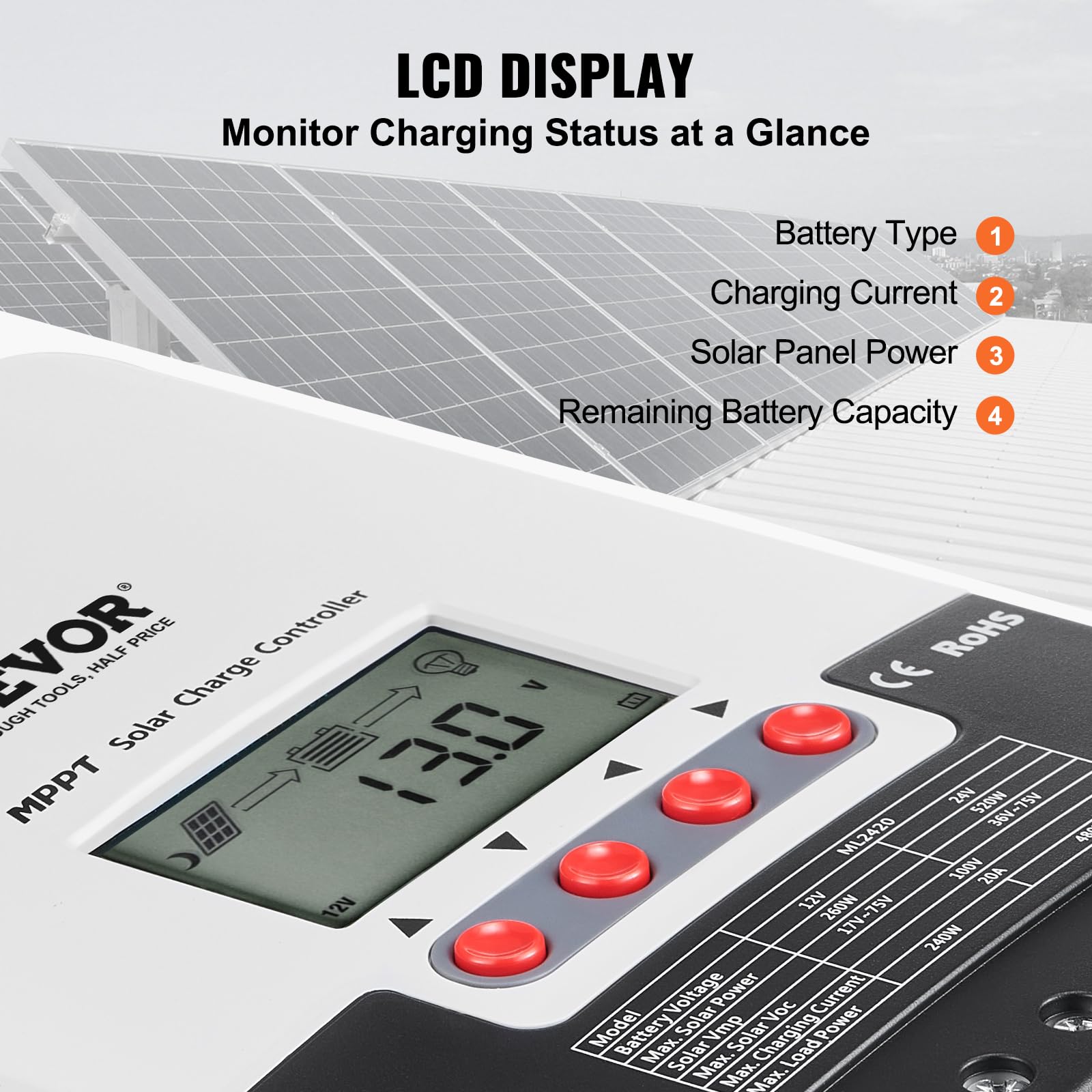 VEVOR 20A MPPT Solar Charge Controller 12V/24V Auto DC Input - LCD Display with Temperature Sensor for AGM, Gel, Flooded & Lithium Batteries - Perfect for RV, Marine, Off-Grid Solar Systems & Home Backup Power