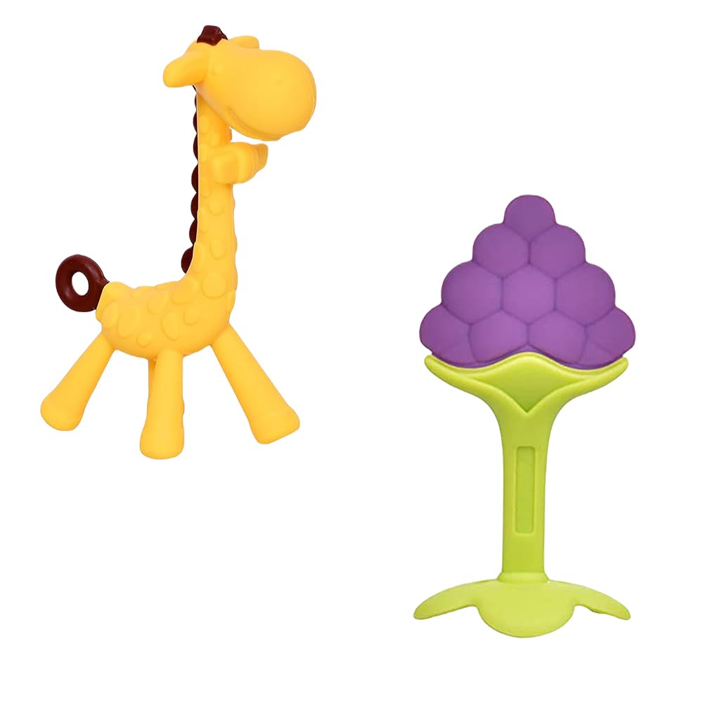 Kritiu Giraffe Shape Teether & Teether Combo - BPA-Free Silicone Baby Teething Toys for 0-12 Months | Safe Gum Massager for Soothing Sore Gums | Perfect for Home, Travel & Daycare Use (Yellow & Blue)