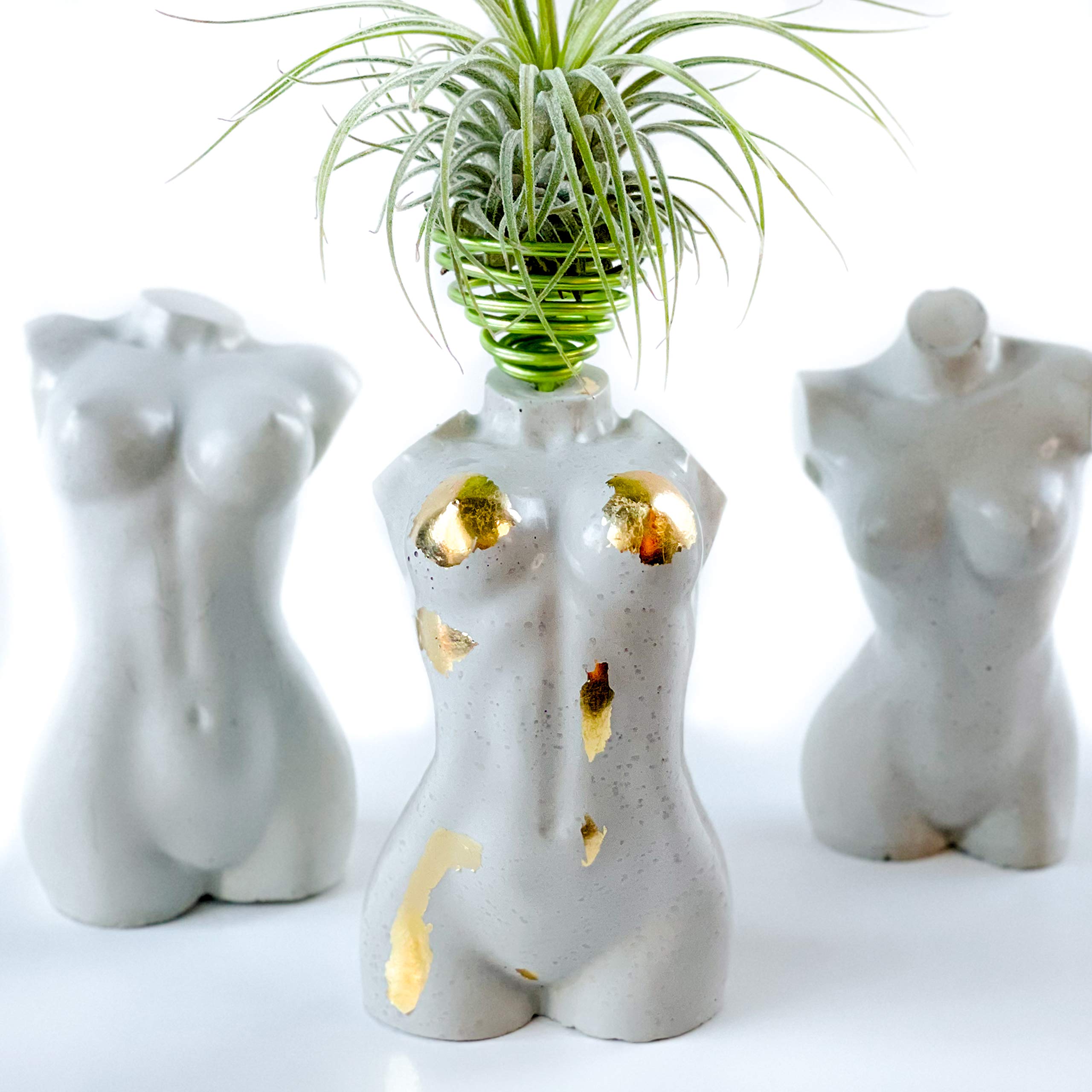 Set of 2 Air Plant Holders - Unique Concrete Mini Body Sculptures with Gold Leaf Accents | Modern Tillandsia Display Pots for Boho Home Decor | Perfect for Desk, Table, Shelf & Office Decorations