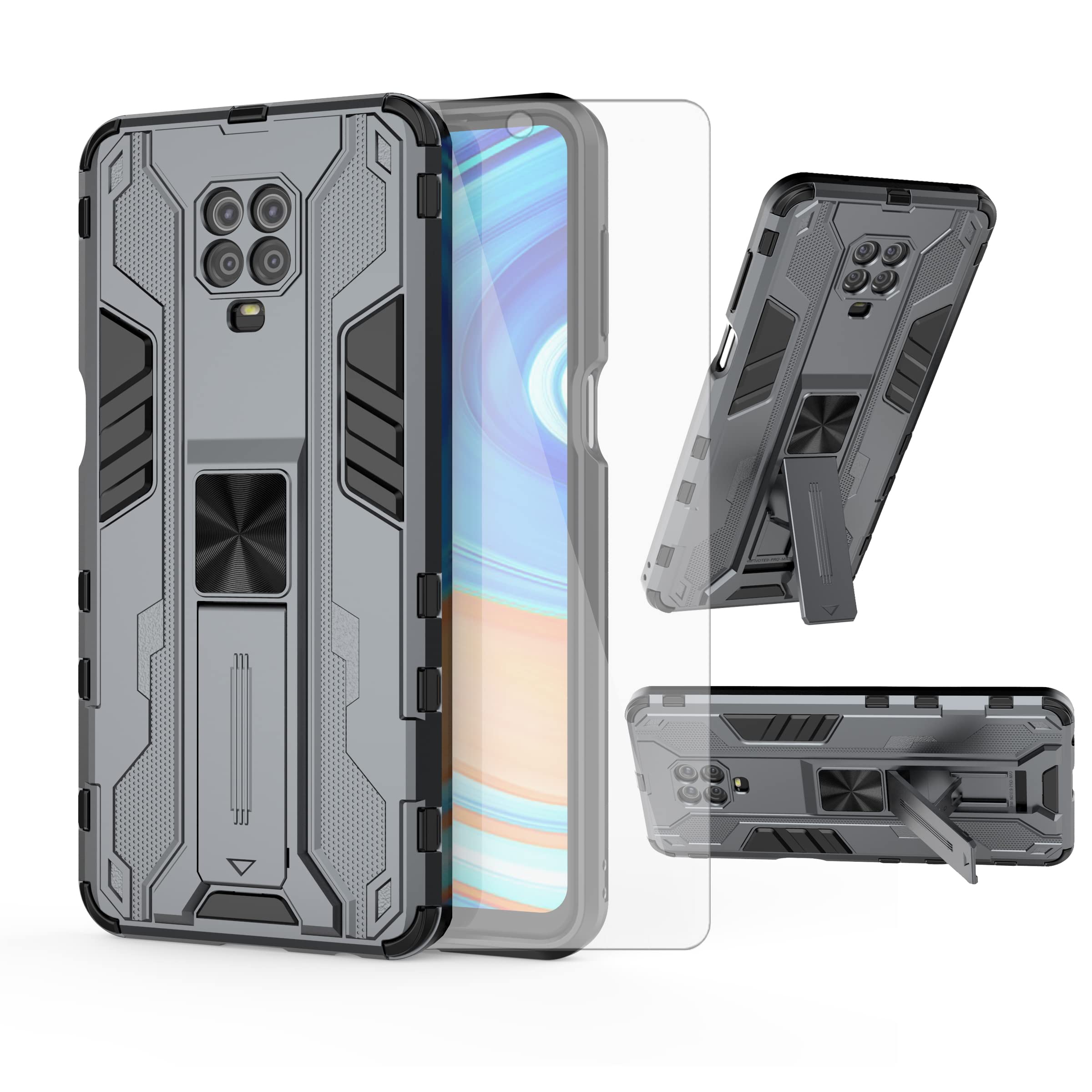 Premium Shockproof Phone Case for Xiaomi Redmi Note 9 Pro/9S/9 Pro Max/Poco M2 Pro with Tempered Glass Screen Protector & Kickstand - Durable Protective Cover for Men & Women (Gray) - Perfect for Work, Travel & Everyday Use