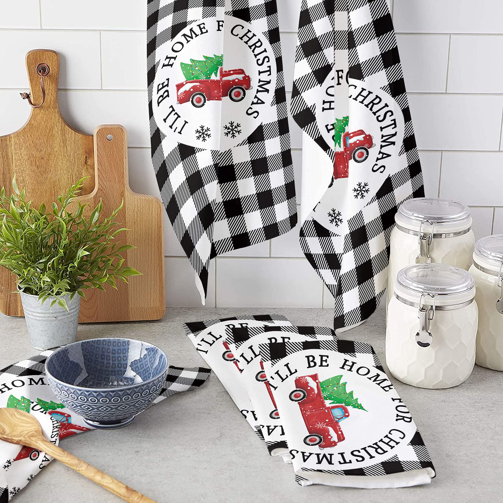 Super Absorbent Soft Microfiber Dish Towels 2 Pack - Christmas Red Car Tree Buffalo Plaid Kitchen Hand Towels for Washing Dishes, Drying Hands & Holiday Decor | Perfect for Kitchen, Bathroom, Bar & Christmas Decorations