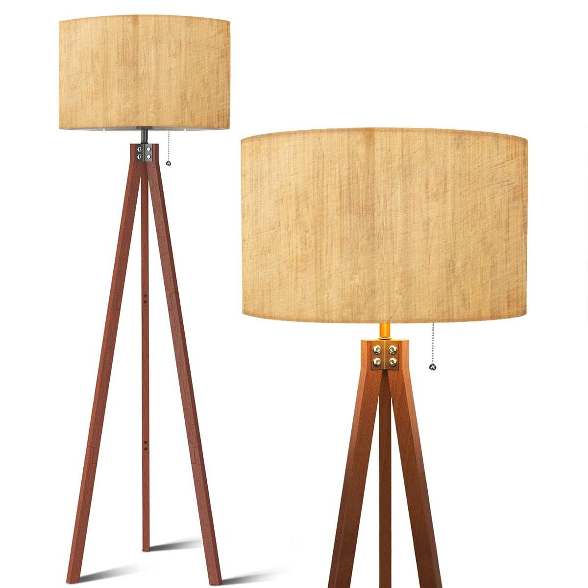 Modern Wood Tripod Floor Lamp with Linen Shade - Dimmable Tall Standing Lamp for Living Room, Bedroom & Office - Mid Century Design with Wood Texture for Warm Ambient Lighting