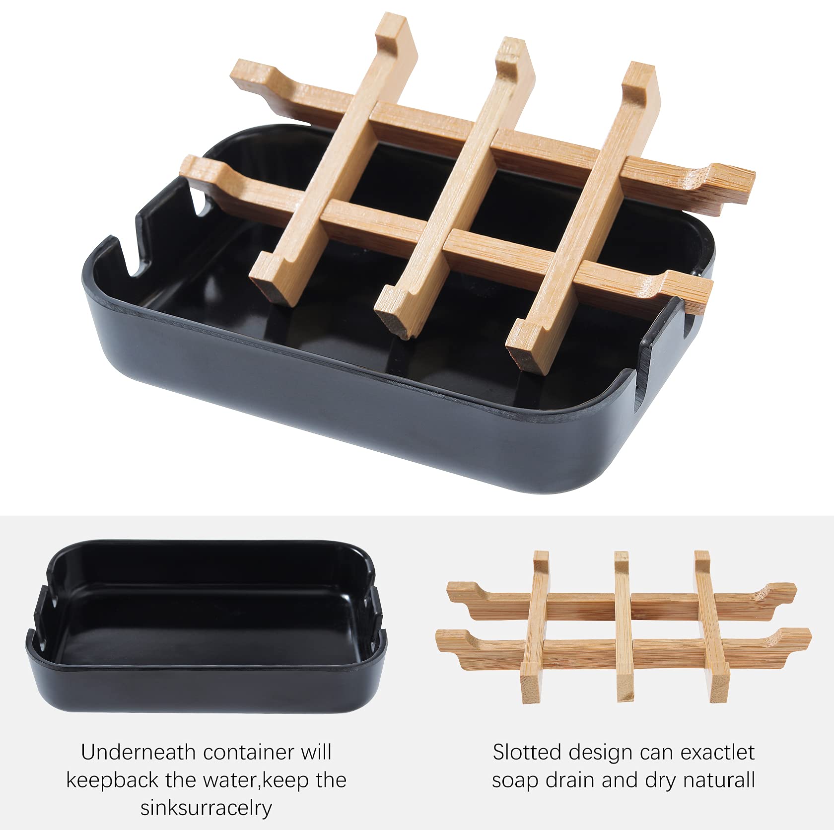2 Pack Black Bamboo Soap Dish Holder for Bathroom Sink & Shower - Natural Wood Soap Tray for Bar Soap - Perfect for Spa, Guest Bathroom & Kitchen Use