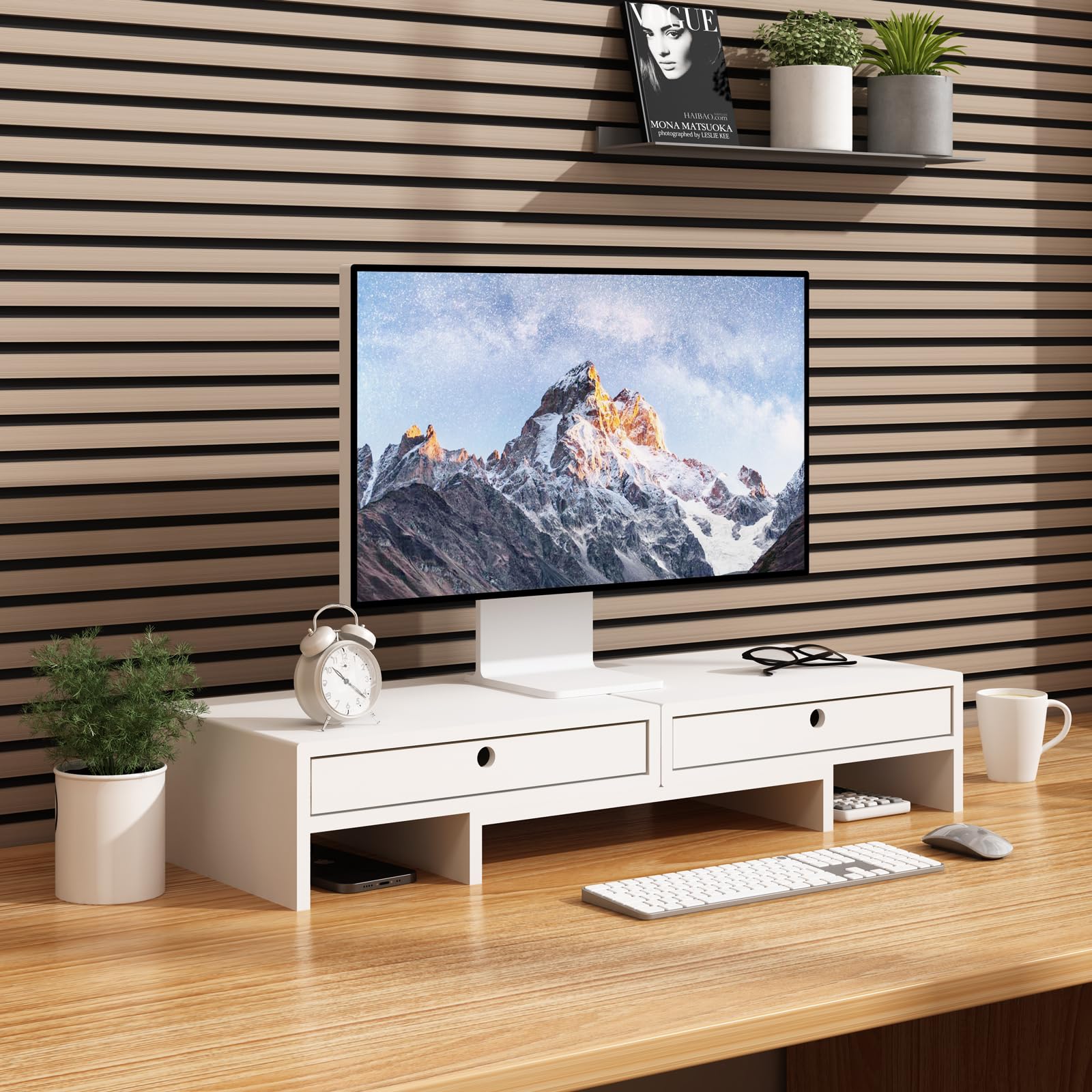 Adjustable Dual Monitor Stand Riser with 2 Drawers - Solid Wood Desktop Organizer for Laptop, PC & Computer - No Assembly Required - Perfect for Home Office & Workspace Organization