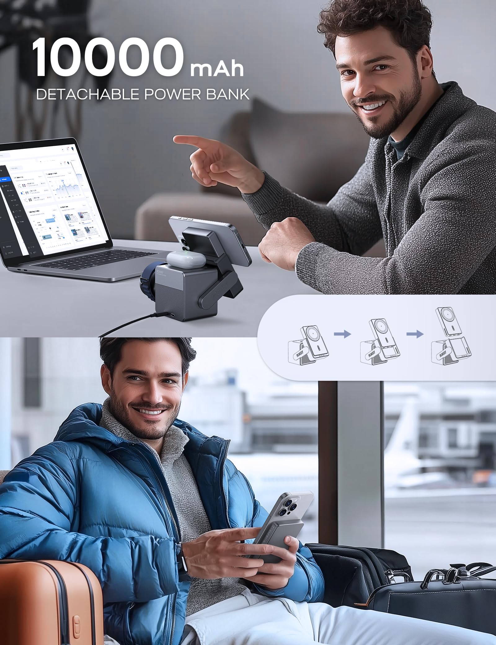 RORRY 3-in-1 Magnetic Wireless Charging Station with 10000mAh Power Bank - Compatible with iPhone 16/15/14/13/12, Apple Watch Ultra 2/3/4/5/6/7/8/9/10 & AirPods - Fast Charging Stand for Home, Office & Travel (Metallic Gray)
