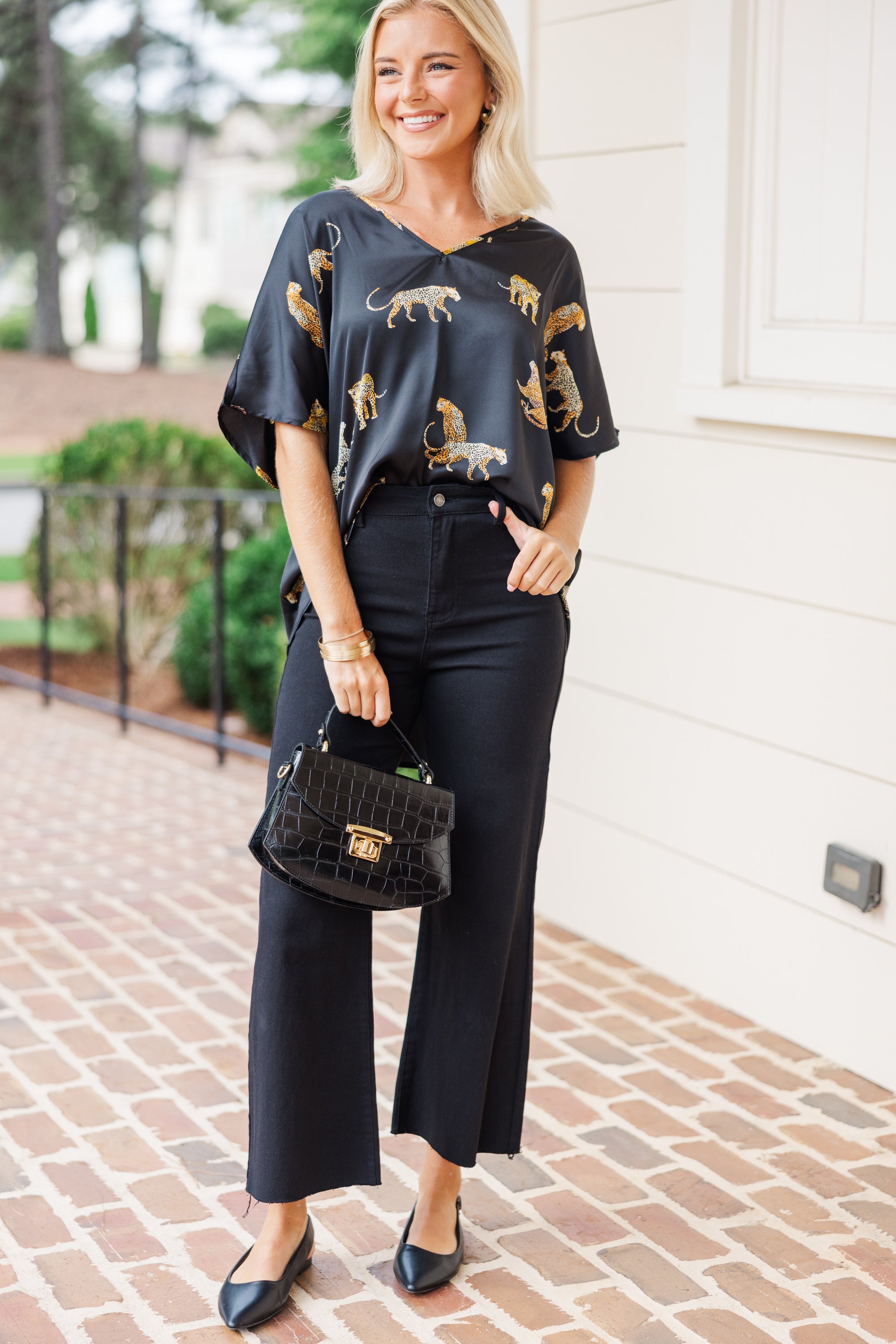 Black Cheetah Print Women's Tops - Trendy Animal Print Blouse for Casual Wear, Night Out & Party Outfits
