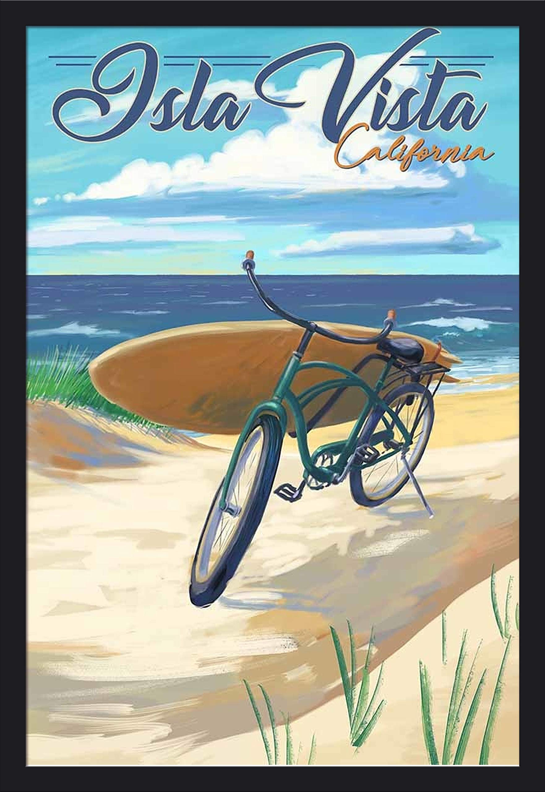 Isla Vista California Beach Cruiser Bicycle Art Print - 24x36 Giclee on Canvas, Black Wood Gallery Frame - Perfect for Coastal Home Decor & Beach House Wall Art