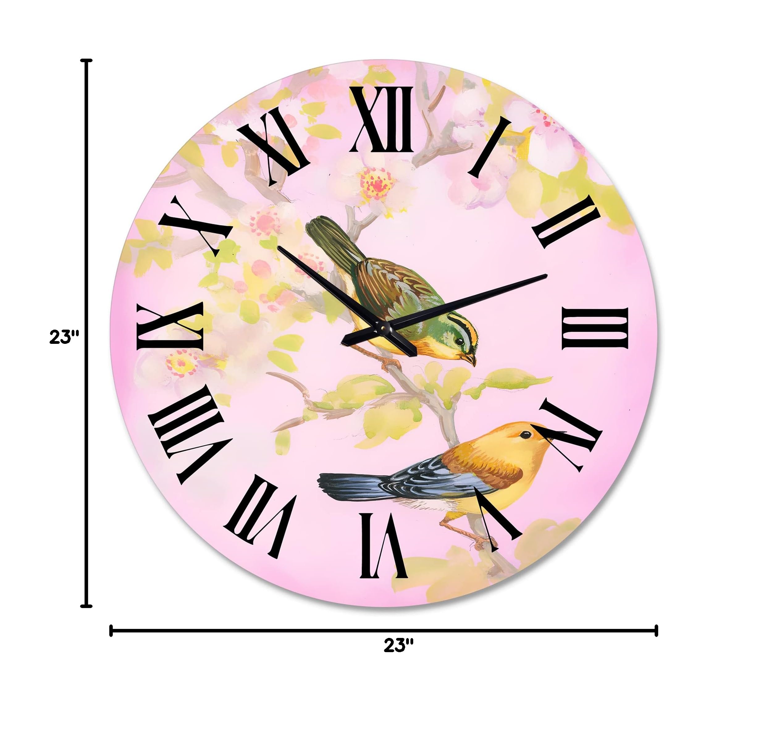 DesignQ Traditional Wall Clock - Beautiful Bright Birds on Branch, Large Decorative Clock for Living Room, Bedroom, Office | Silent Non-Ticking, Battery Operated Home Décor