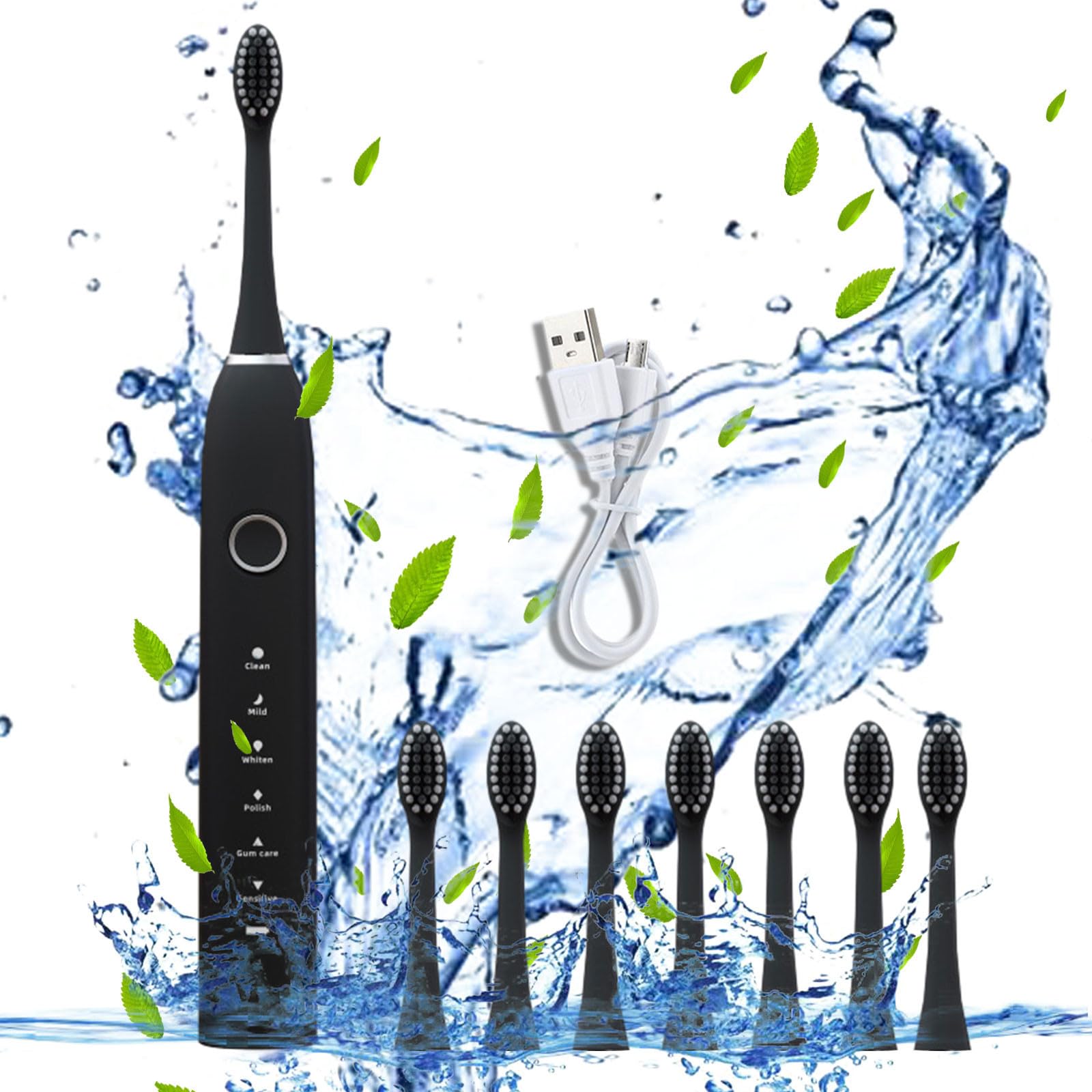 Upgraded Electric Toothbrush for Adults - 8 Heads, 6 Modes, IPX7 Waterproof - Fast Charging for Home & Travel (Black)
