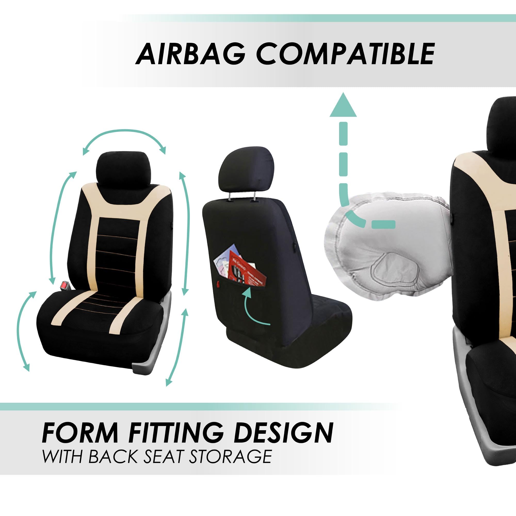 FH Group Universal Full Set Car Seat Covers - Low Back Front & Split Bench Rear Seat Covers, Airbag Compatible, Washable Beige Fabric for SUV, Sedan, Van | Perfect for Daily Commute, Road Trips & Family Protection