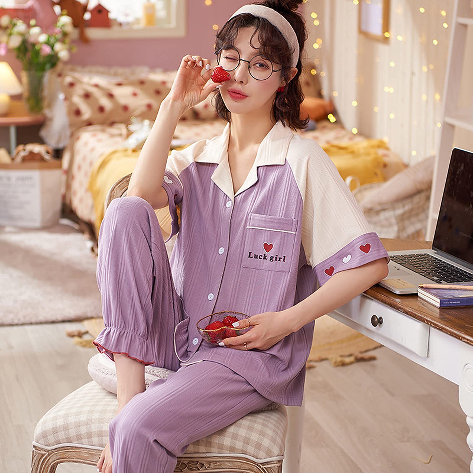 FMOGG Women's Short Sleeve Pajama Set - Elastic Waist Comfortable Sleepwear for Summer & Autumn - Soft Lounge Pajamas for Women - Perfect for Home Relaxation & Sleepwear