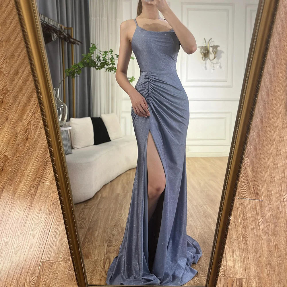 Elegant Dubai Saudi Arabic Blue Spaghetti Strap Mermaid Evening Gown with High Slit - Formal Dress for Prom, Wedding, Gala & Special Occasions