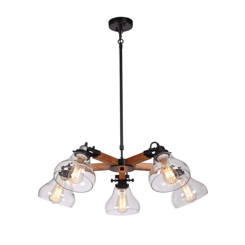 Adjustable Wood Arm with Glass Shade Farmhouse Country Style Chandelier (5 Bulb) - Rustic Ceiling Light Fixture for Dining Room, Kitchen, Bedroom & Living Room Decor