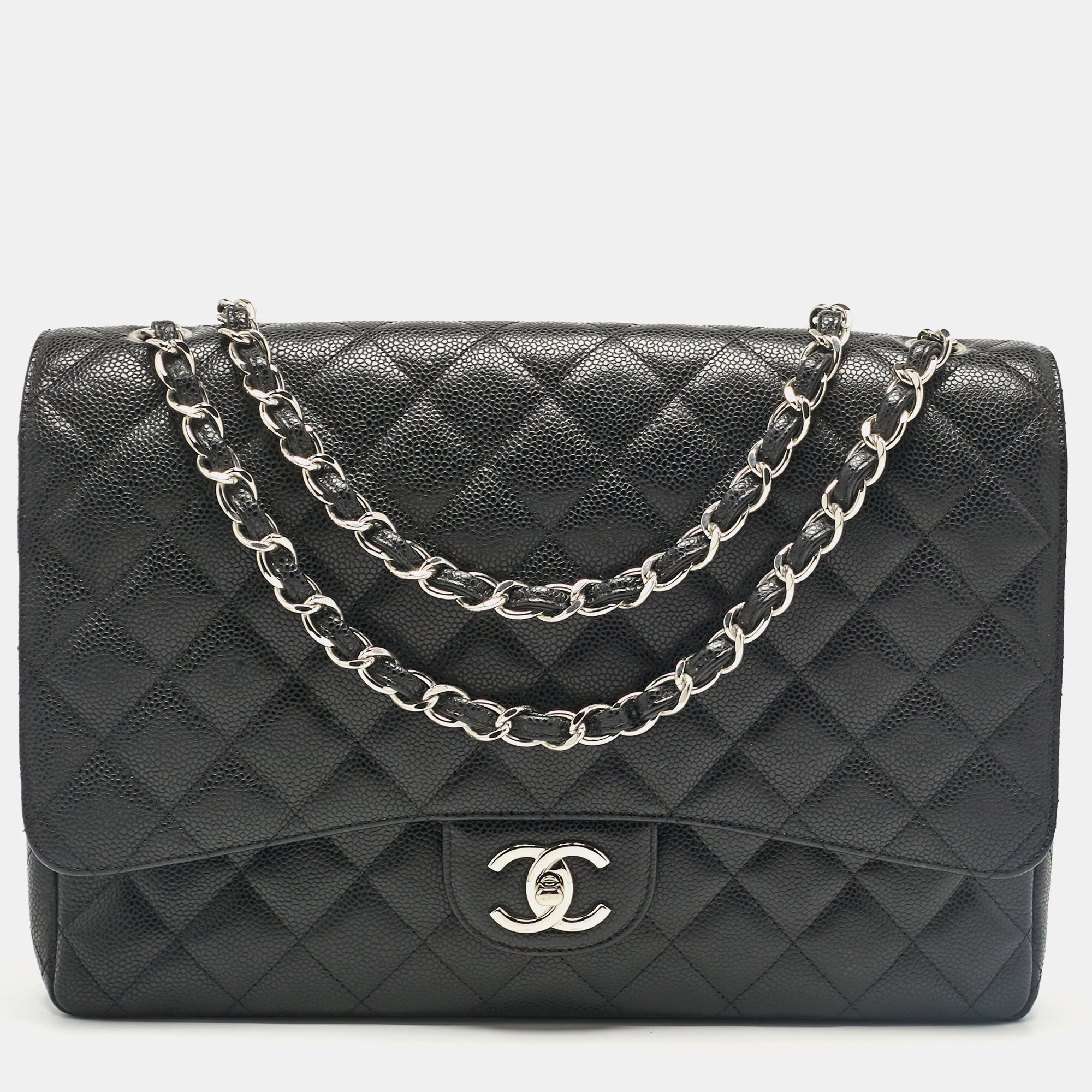 Luxury Black Caviar Leather Maxi Classic Double Flap Bag - Elegant Designer Handbag for Women, Perfect for Work, Evening Events & Travel Accessories
