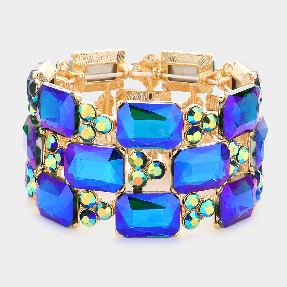 Blue Green AB Emerald Cut Crystal Stretch Bracelet for Women | Elegant Pageant Jewelry | 581616 | Perfect for Parties, Weddings & Special Occasions