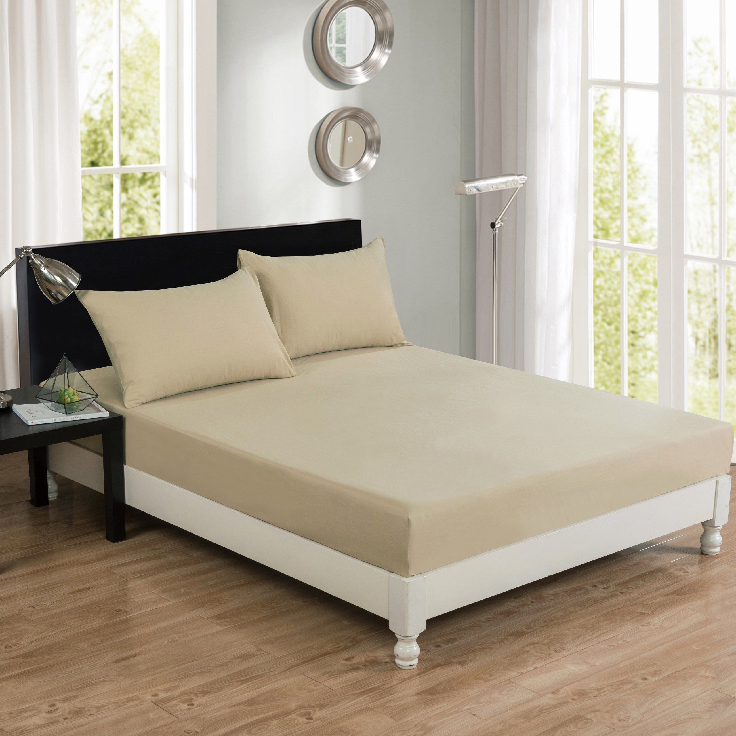 Luxury Soft Cotton Beige Fitted Bed Sheet & Pillow Cases Set - Queen Size, 4-Piece Bedding Set with Deep Pockets (JHW 546 Fitted) | Premium Hotel Quality Sheets for Comfortable Sleep & Home Decor