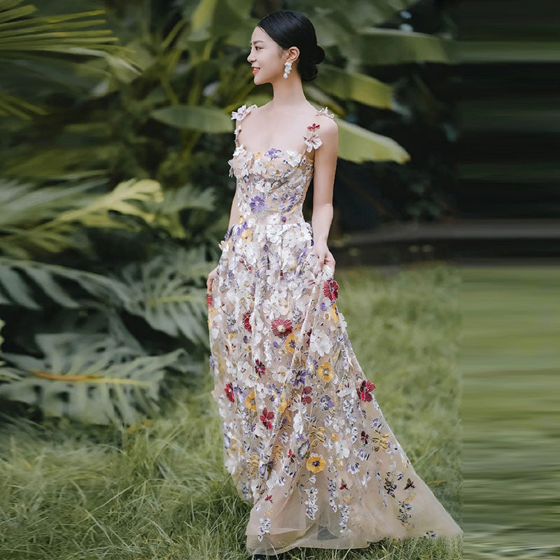 Elegant French Style 3D Flower Mesh A-Line Evening Dress for Women - Perfect for Weddings, Prom, and Formal Events