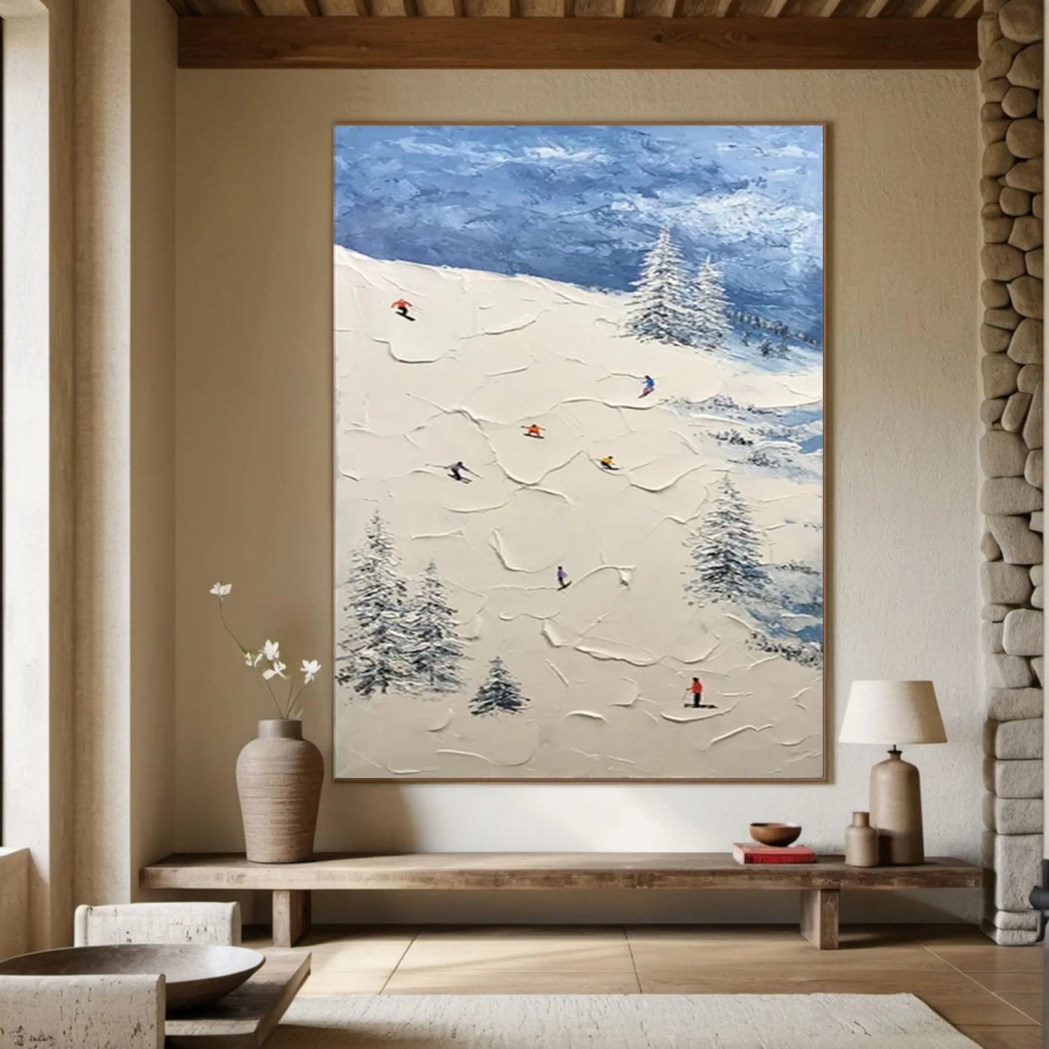 Premium Skiing Sport Art Textured Painting Canvas Wall Decor - Winter Sports Theme Home & Office Decoration #SP052 | Perfect for Living Room, Bedroom, Ski Lodge & Cabin Decor