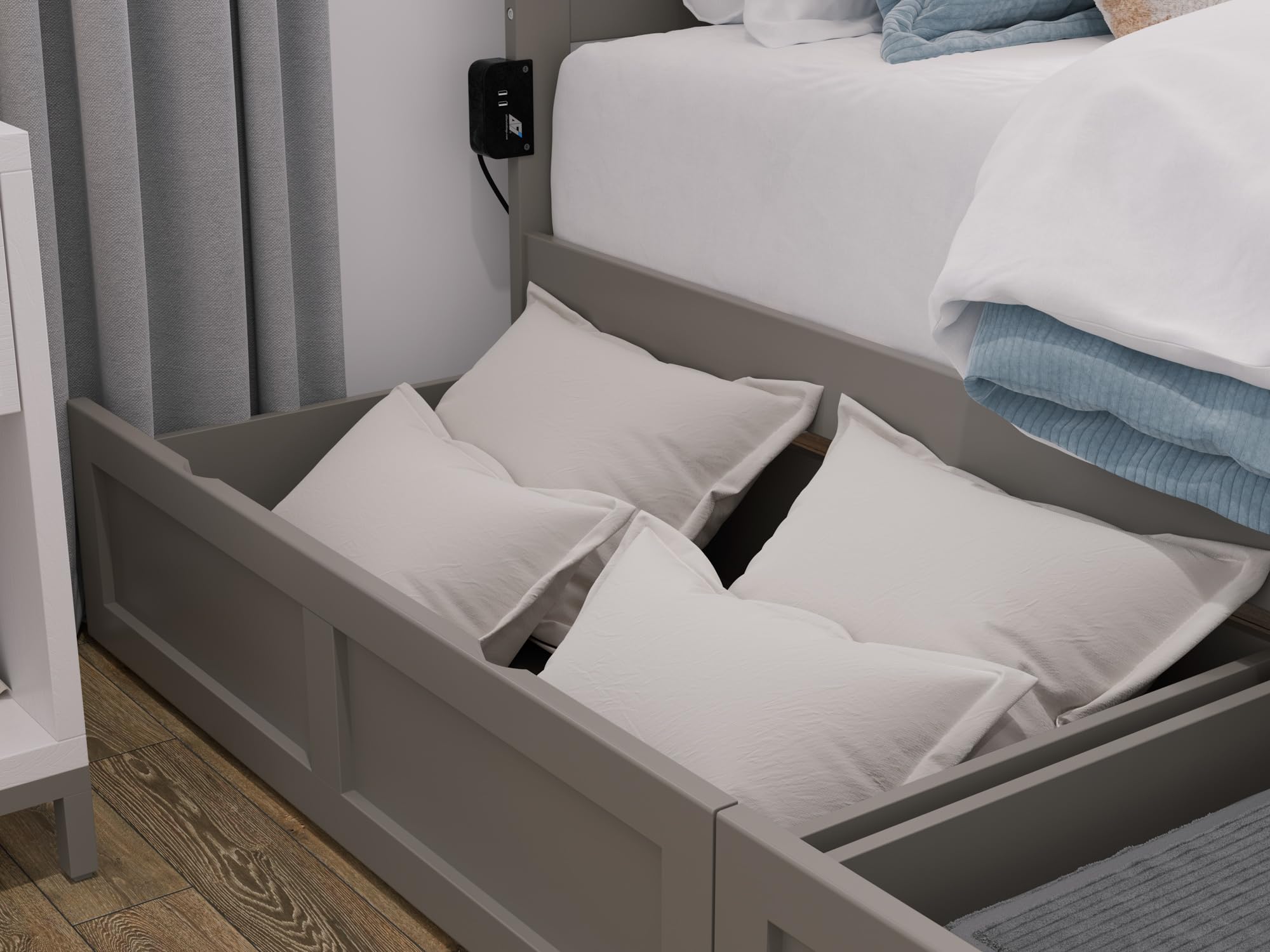 AFI Warren Twin XL Platform Bed with Footboard, Storage & USB Charging Station in Grey - Perfect for Small Spaces, Dorm Rooms & Guest Bedrooms