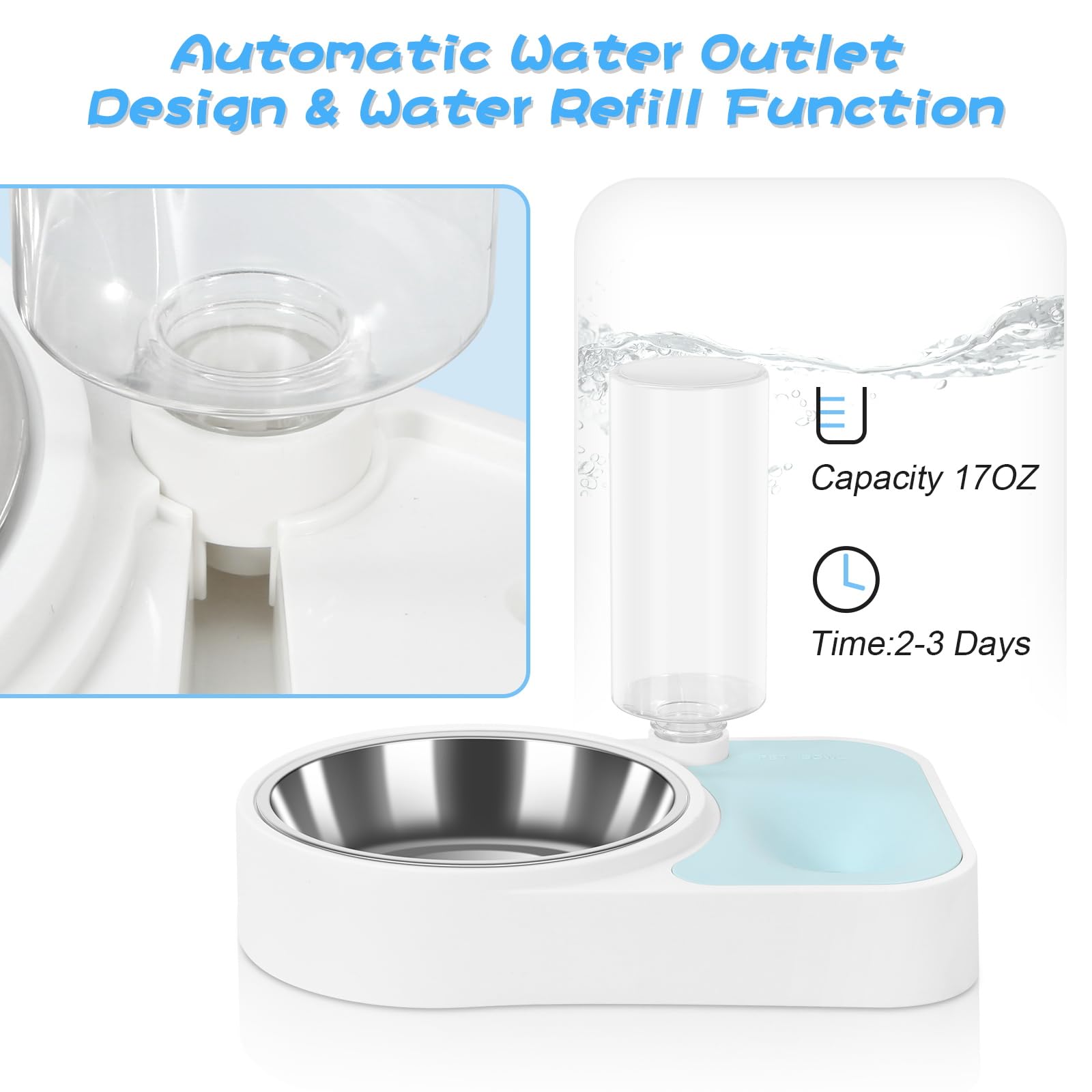 JUST RUN Double Pet Bowls Set - Automatic Water Dispenser & Detachable Stainless Steel Food Bowls for Dogs, Cats, Puppies, Kittens & Rabbits (Blue) | Perfect for Home, Travel & Outdoor Feeding