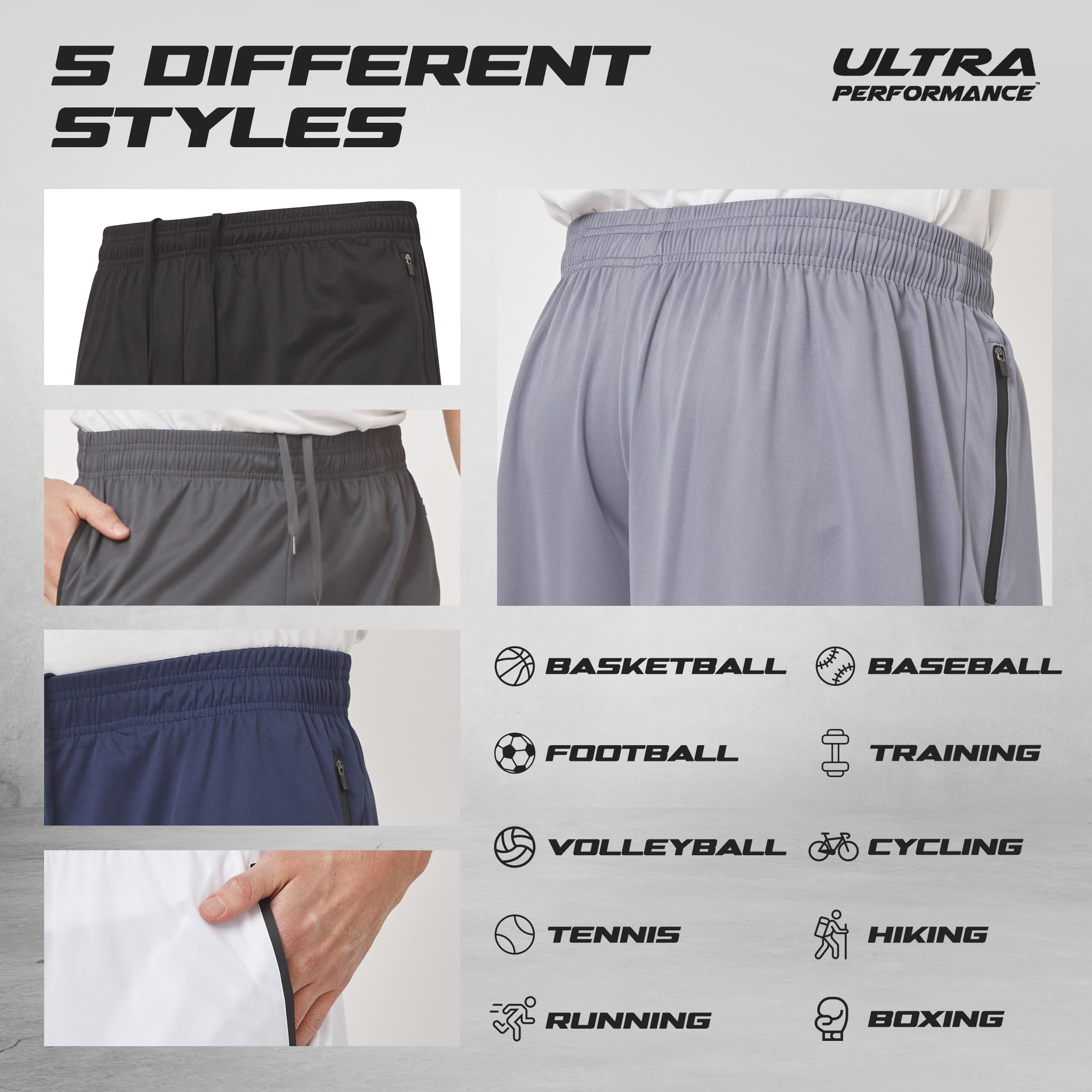 Ultra Performance Men's 5-Pack Athletic Running Shorts - Breathable Gym Workout Shorts with Zippered Pockets for Basketball, Jogging & Training | Perfect for Sports, Fitness & Casual Wear