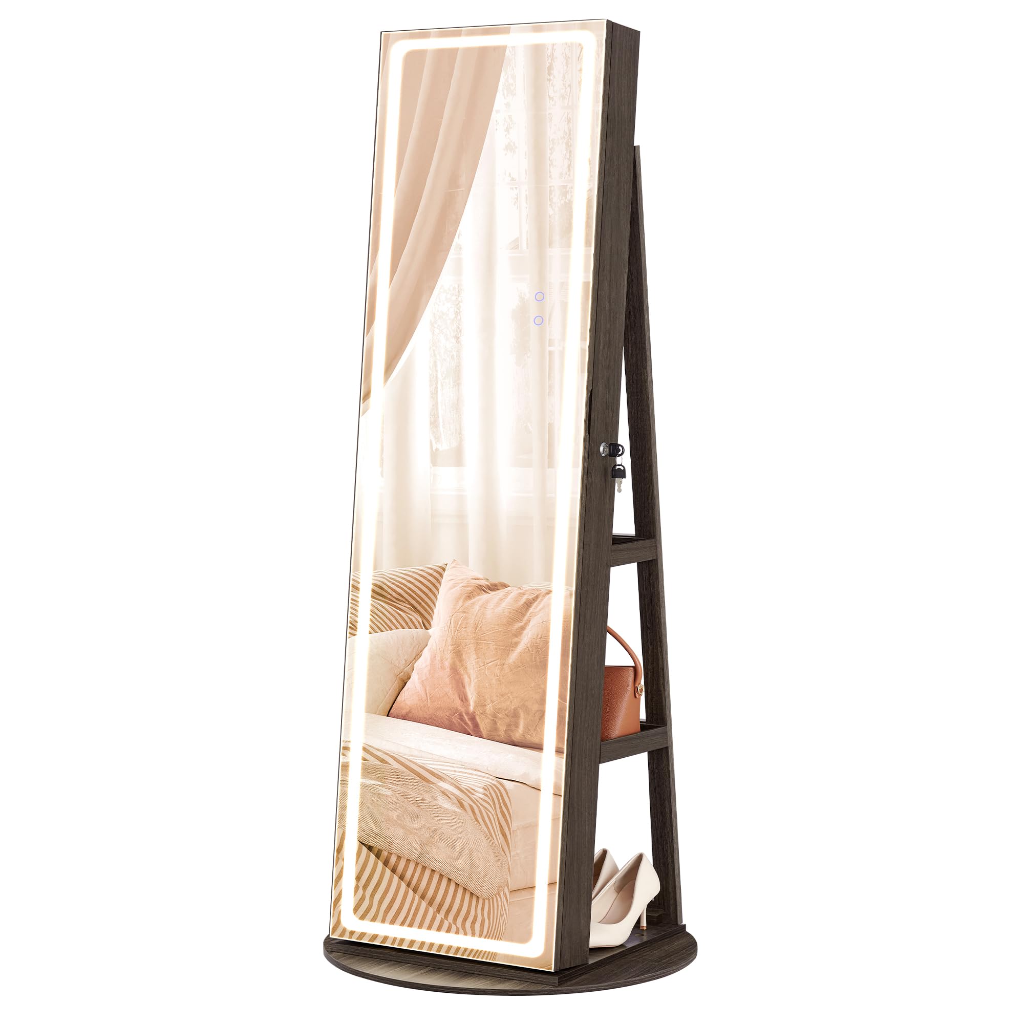 SONGMICS LED Jewelry Cabinet with Mirror - Lockable Standing Armoire with Adjustable Lights, Jewelry Storage Organizer for Bedroom, Space-Saving Ash Brown Wardrobe (UJJC008K02) - Perfect for Home Decor, Gift Giving & Closet Organization