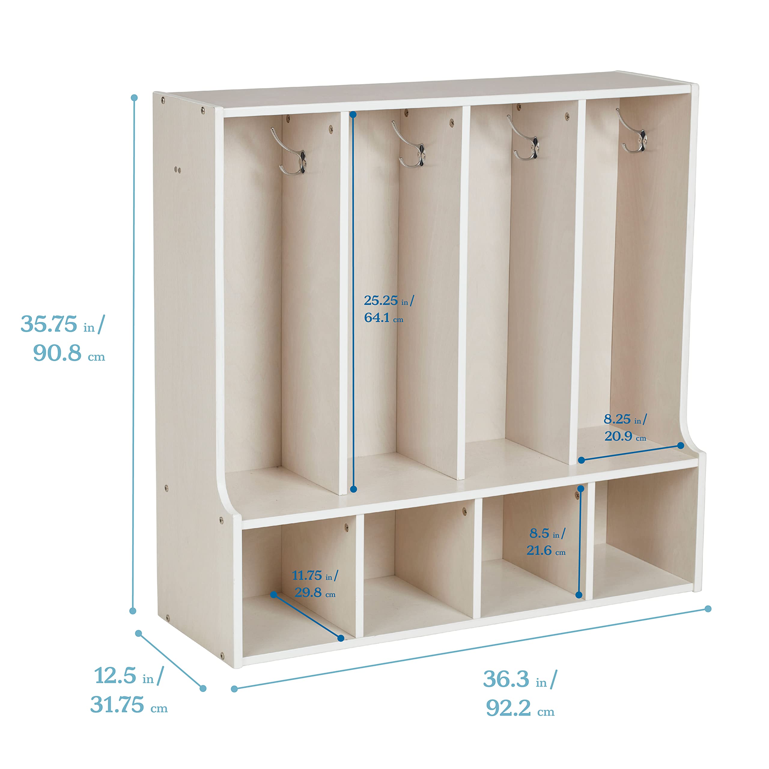 ECR4Kids White Wash 4-Section Toddler Coat Locker with Bench - Kids Furniture for Daycare, Preschool & Home Organization