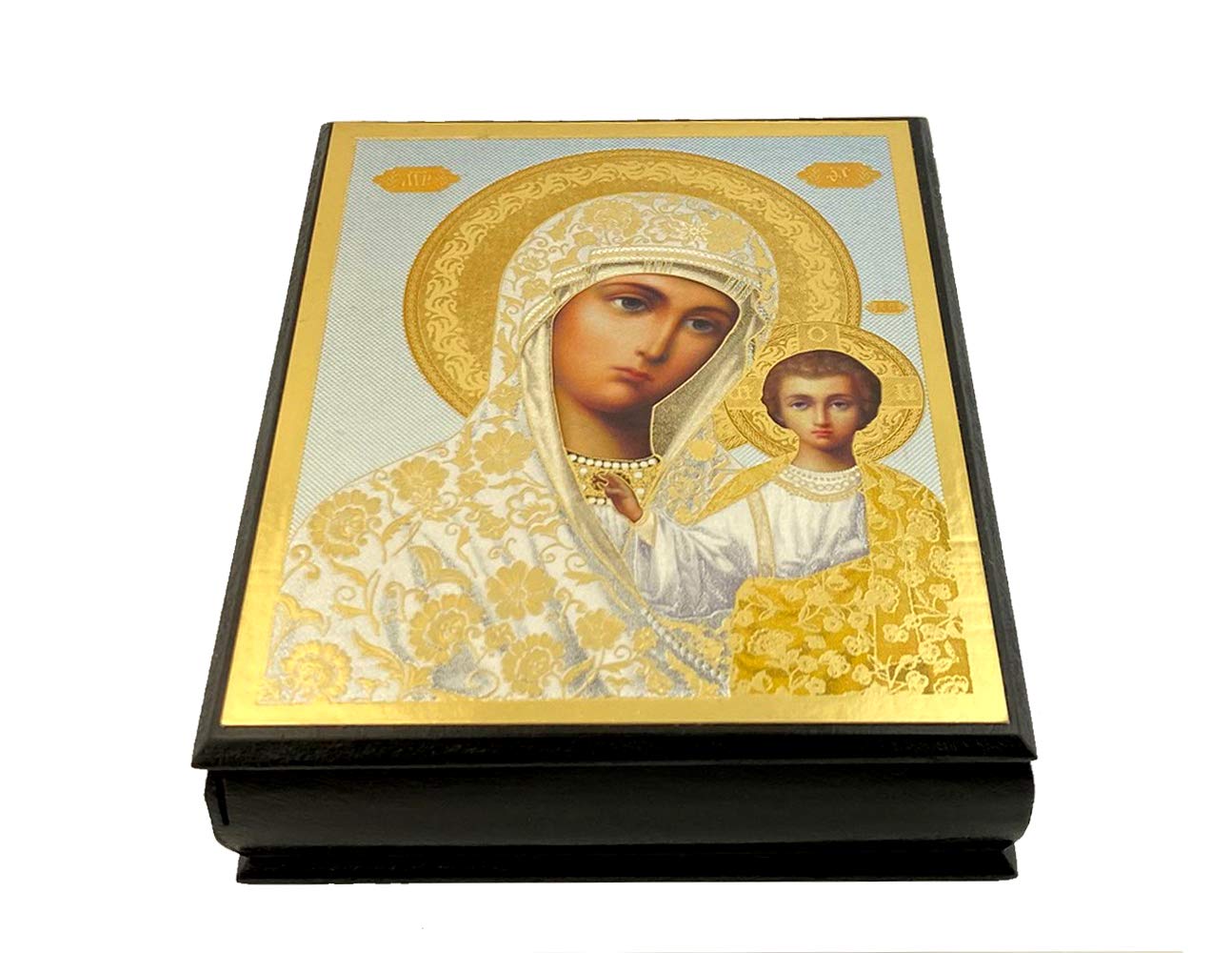Needzo Rosary Box with Virgin Mary & Kazan Icon - 4 3/4 Inch Wooden Prayer Box for Catholic Devotion, Jewelry Storage & Home Altar Decor