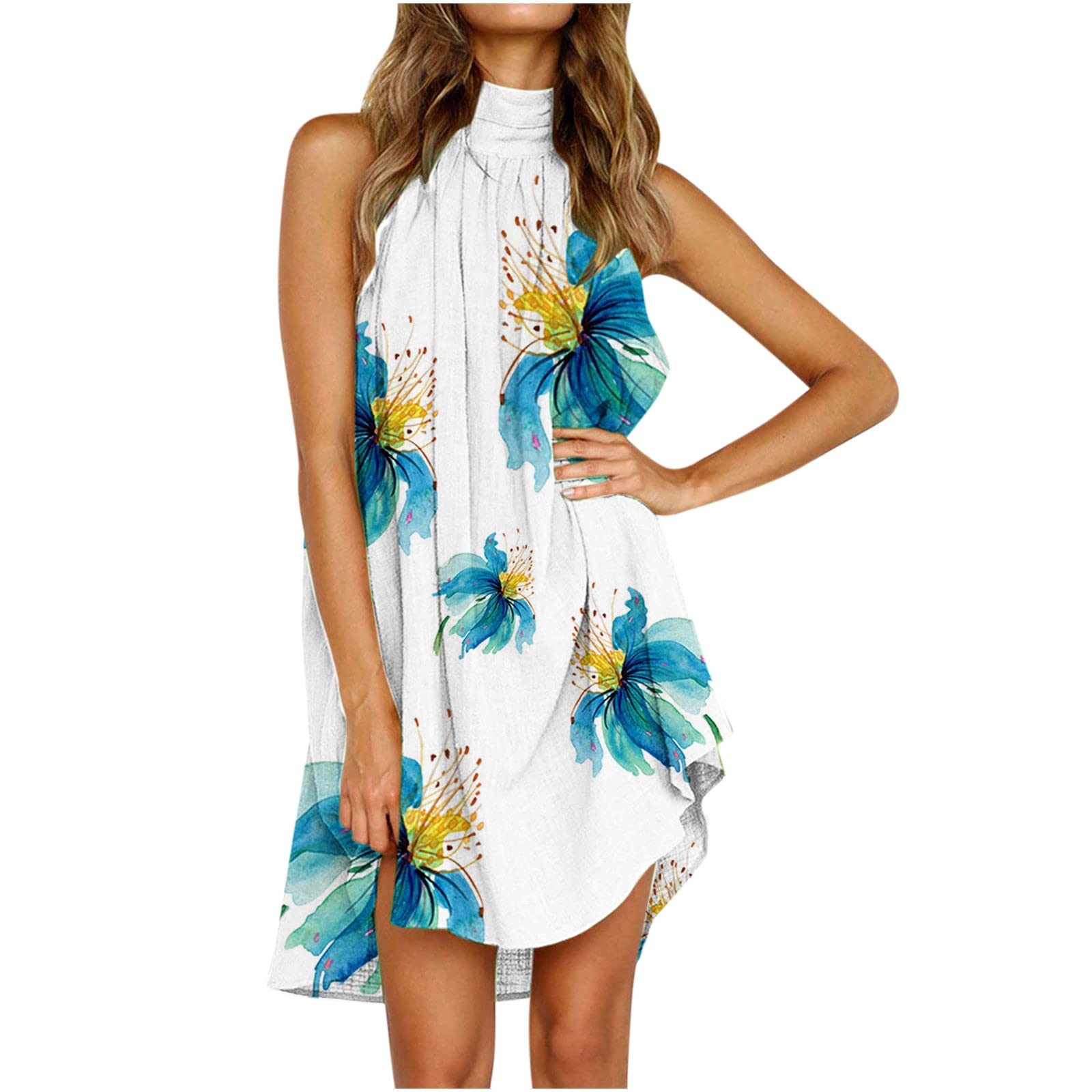 Women's Summer Casual Sleeveless Mini Dress - Boho Floral Halter Neck Swing Tank Dress for Beach, Vacation & Outdoor Parties | Lightweight Tunic Dress for Hot Weather