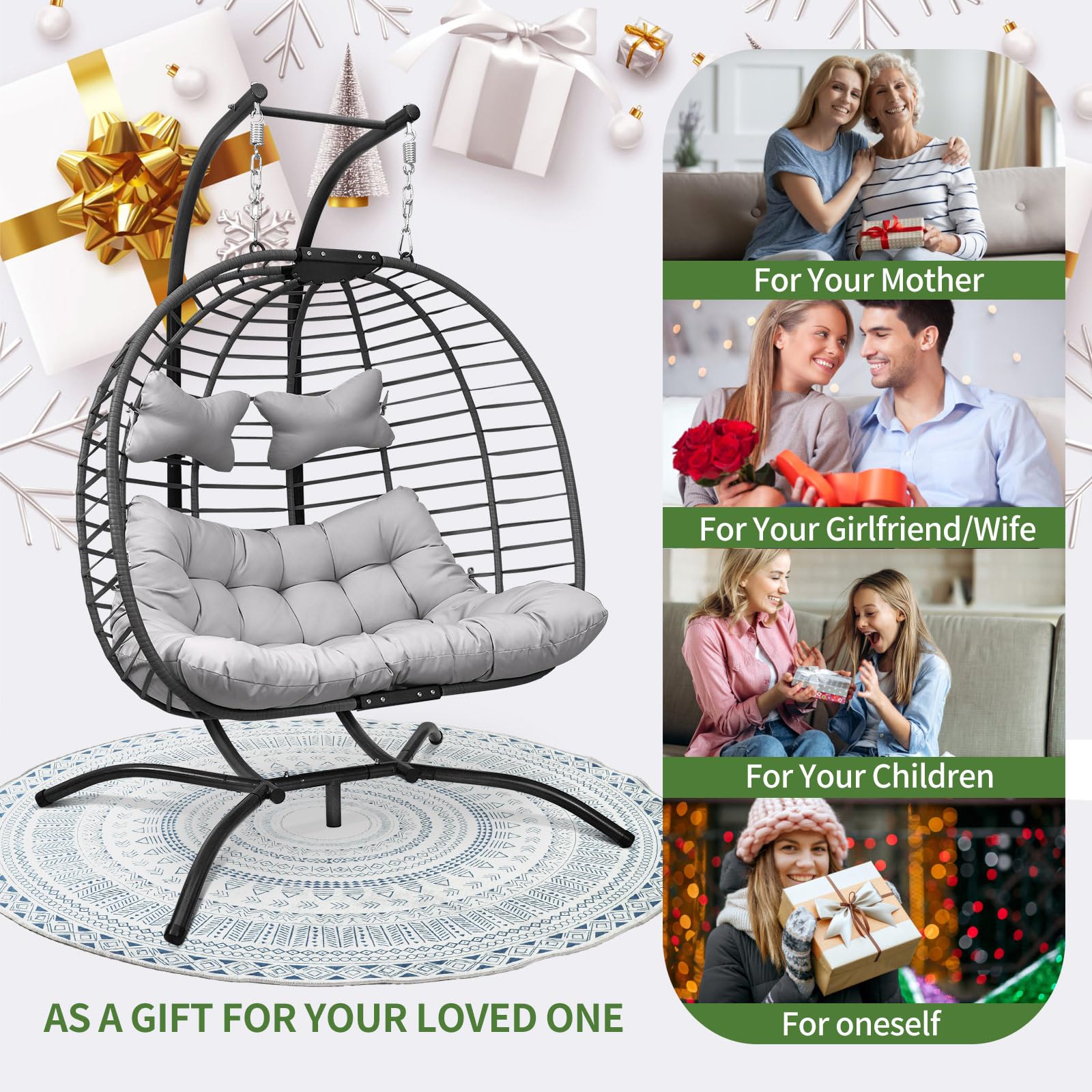NICESOUL 2-Person Double Egg Chair - Indoor/Outdoor Patio Wicker Hanging Loveseat with Stand, Comfortable Cozy Swing Egg Chair with Double Padded Seats (680lbs Capacity) - Perfect for Backyard, Balcony, Bedroom & Garden Relaxation (Grey)