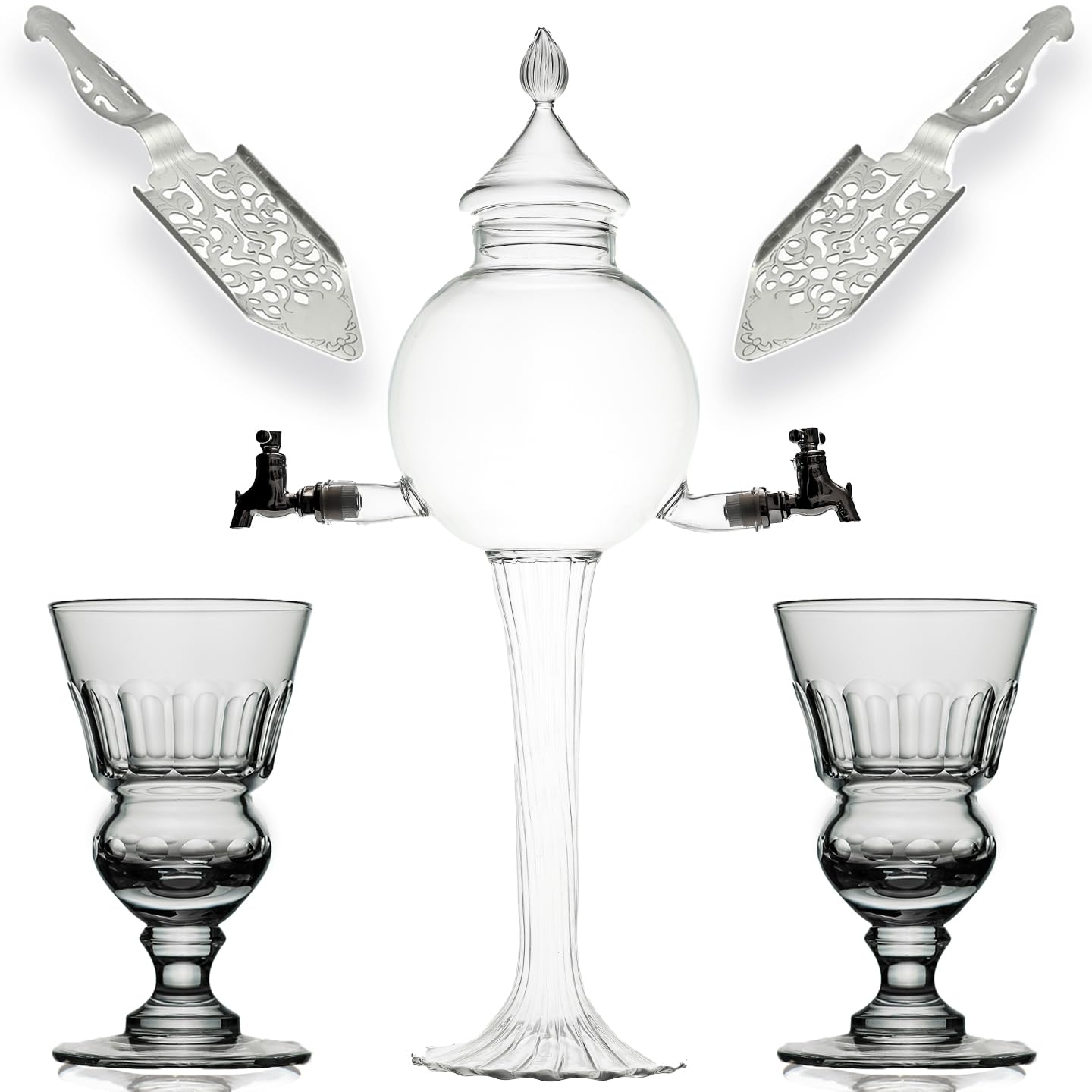 Premium Absinthe Fountain Set with 2 Spouts - Glass Pearl Bubble Dripper Kit Includes 2 Pontarlier Reservoir Glasses & Spoons | Perfect for Home Bars, Cocktail Parties & Bohemian Decor