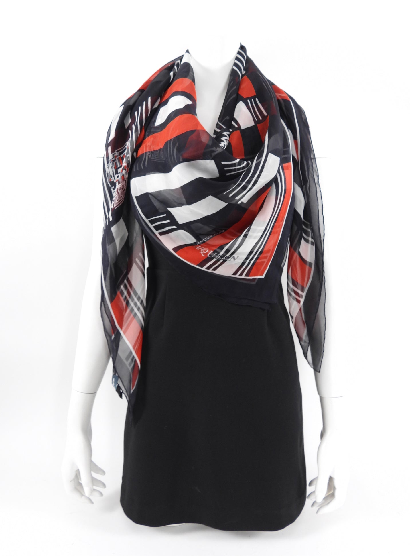 Alexander McQueen Black & Red Geometric Skull Print Chiffon Scarf - Elegant Wrap for Women, Perfect for Evening Events & Winter Fashion Accessories