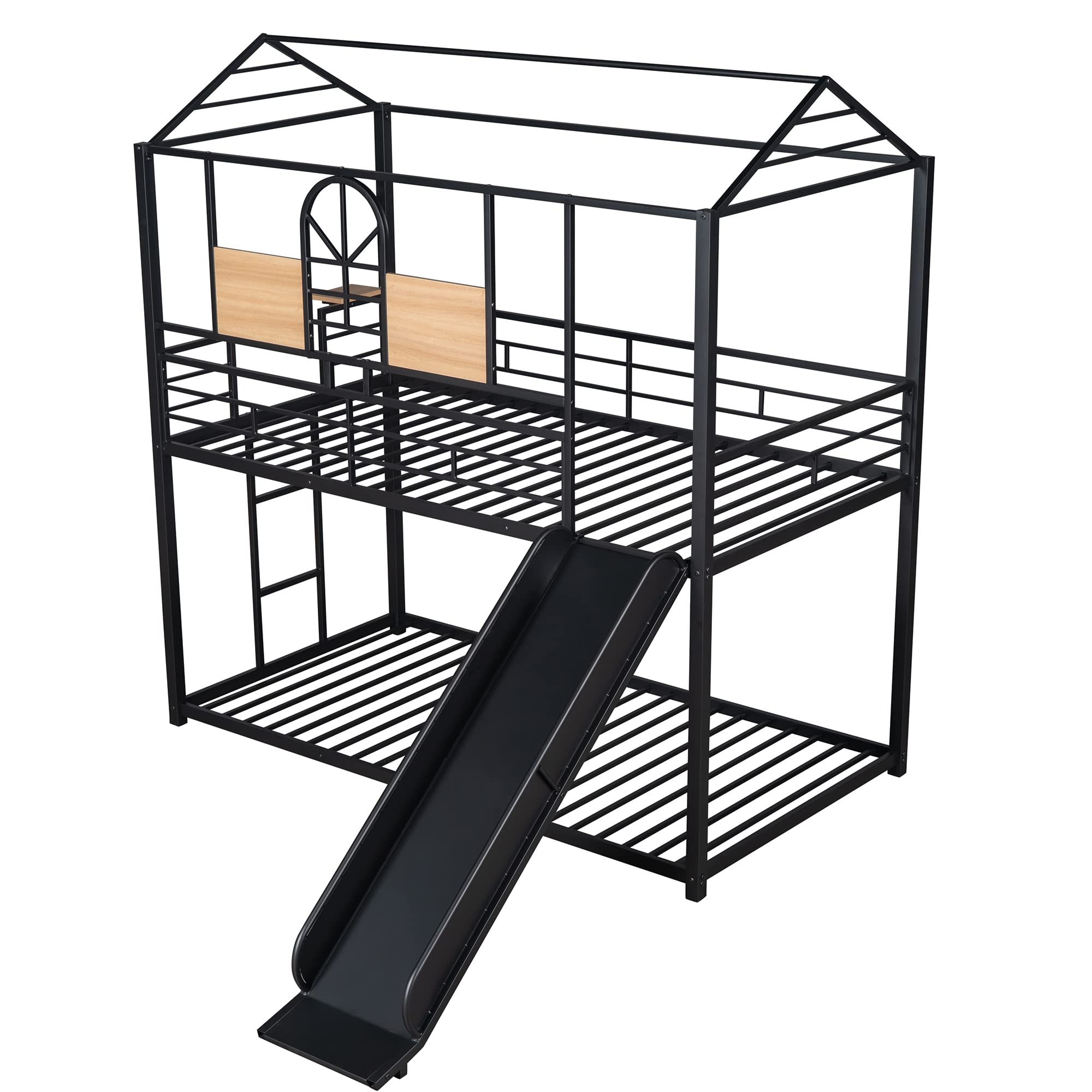 Twin Over Twin Metal Bunk Bed with Slide & Ladder - Kids Housebed for Toddlers & Children - Black Frame with Black Slide - Perfect for Bedrooms, Playrooms & Sleepovers - Can Be Decorated with Mosquito Nets