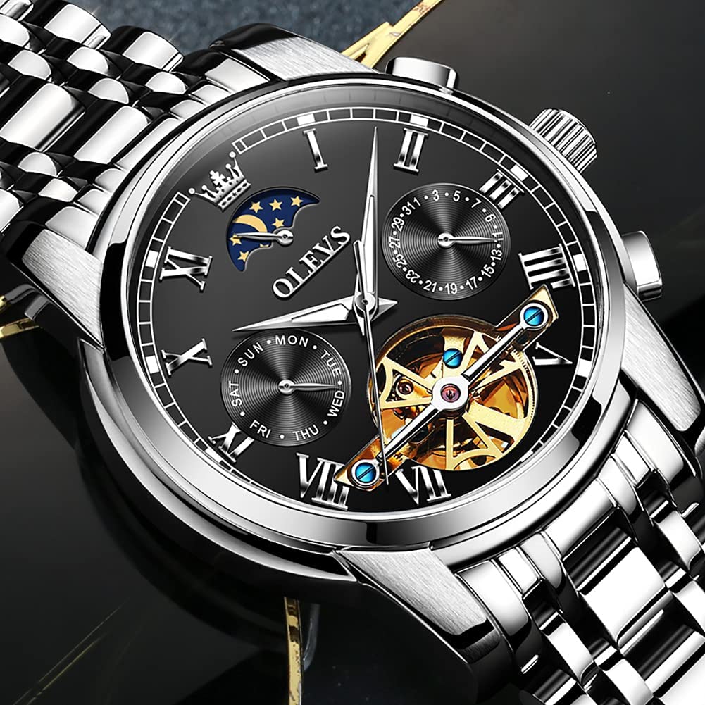 OLEVS Men's Automatic Mechanical Tourbillon Watch - Self-Winding Luxury Stainless Steel Waterproof Wristwatch with Luminous Date Display | Perfect for Business, Formal Events & Everyday Wear