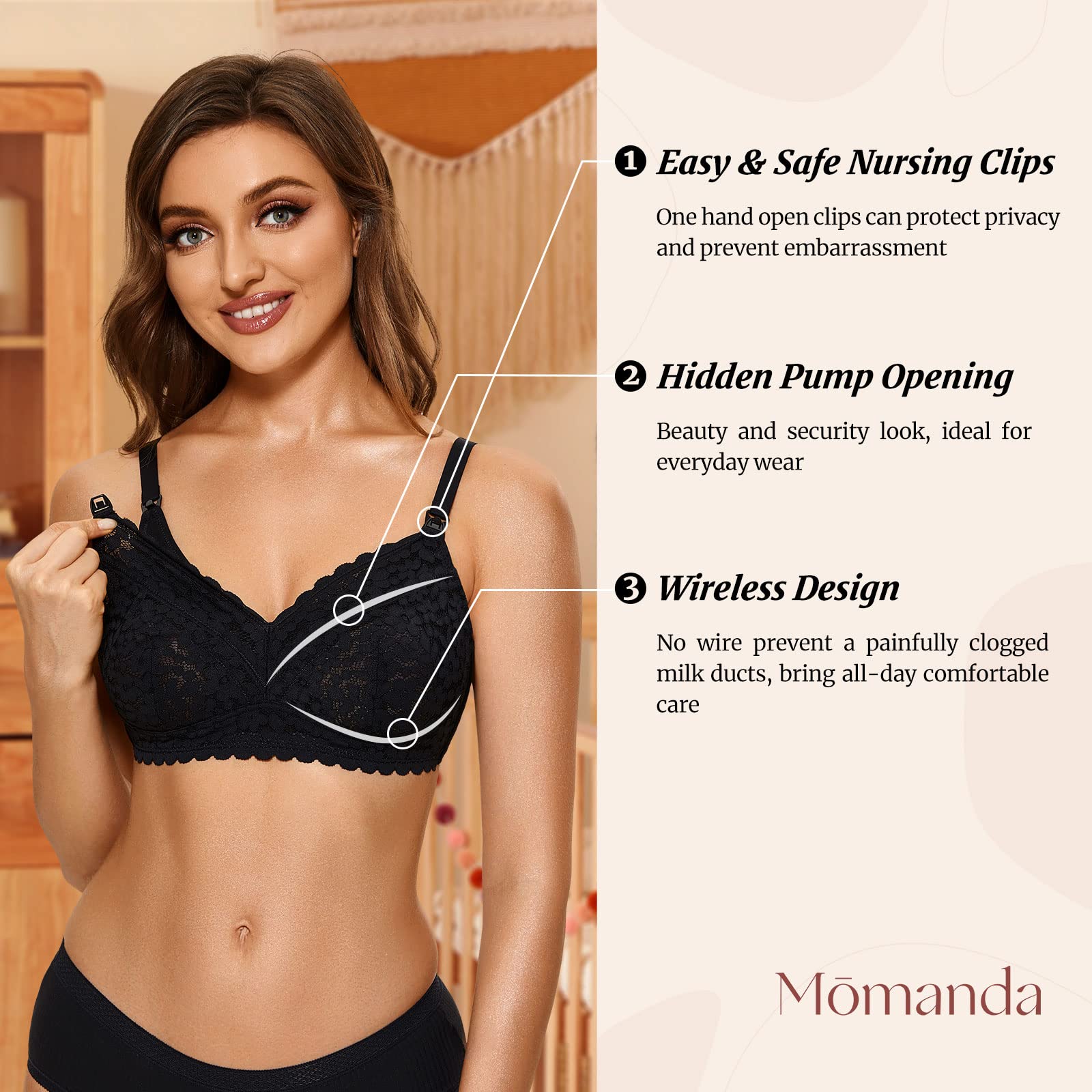 MOMANDA Hands Free Nursing Bra - Comfortable Lace Maternity Pumping Bra for Breastfeeding Mothers | Perfect for Work, Travel & Nighttime Feeding