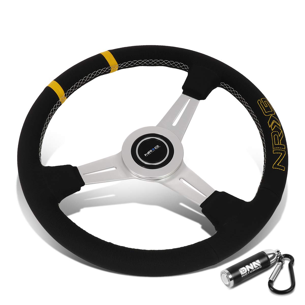 NRG Innovations ST-028BK-Y 360mm Silver Spoke Leather Grip Steering Wheel with LED Keychain Flashlight - Perfect for Car Racing, Drifting & Custom Vehicle Upgrades